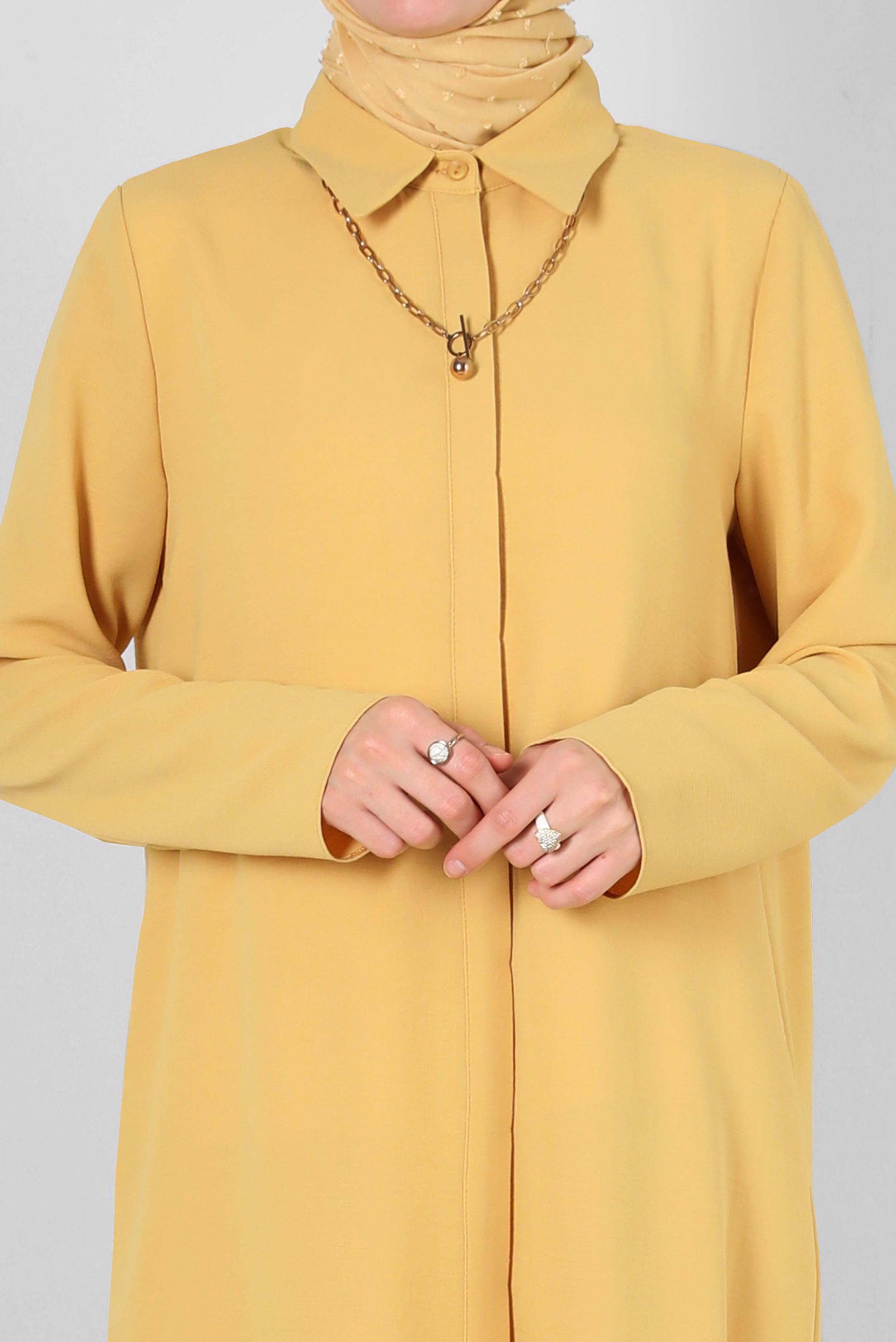 Tesettür giyim SARI ÇİÇEK DESENLİ GÖMLEK YAKA UZUN TUNİK 43790