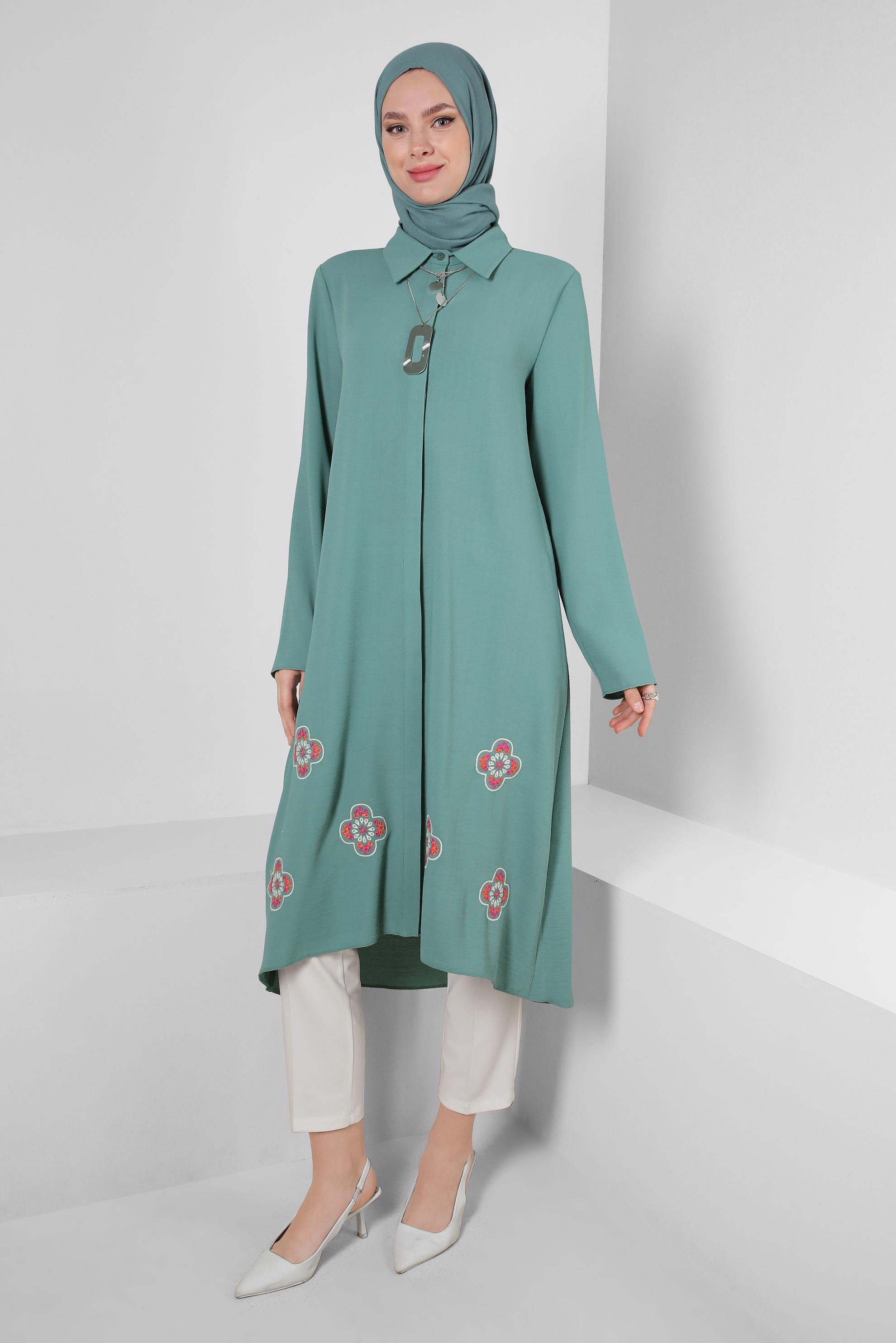 Tesettür giyim MAVİ ÇİÇEK DESENLİ GÖMLEK YAKA UZUN TUNİK 43790