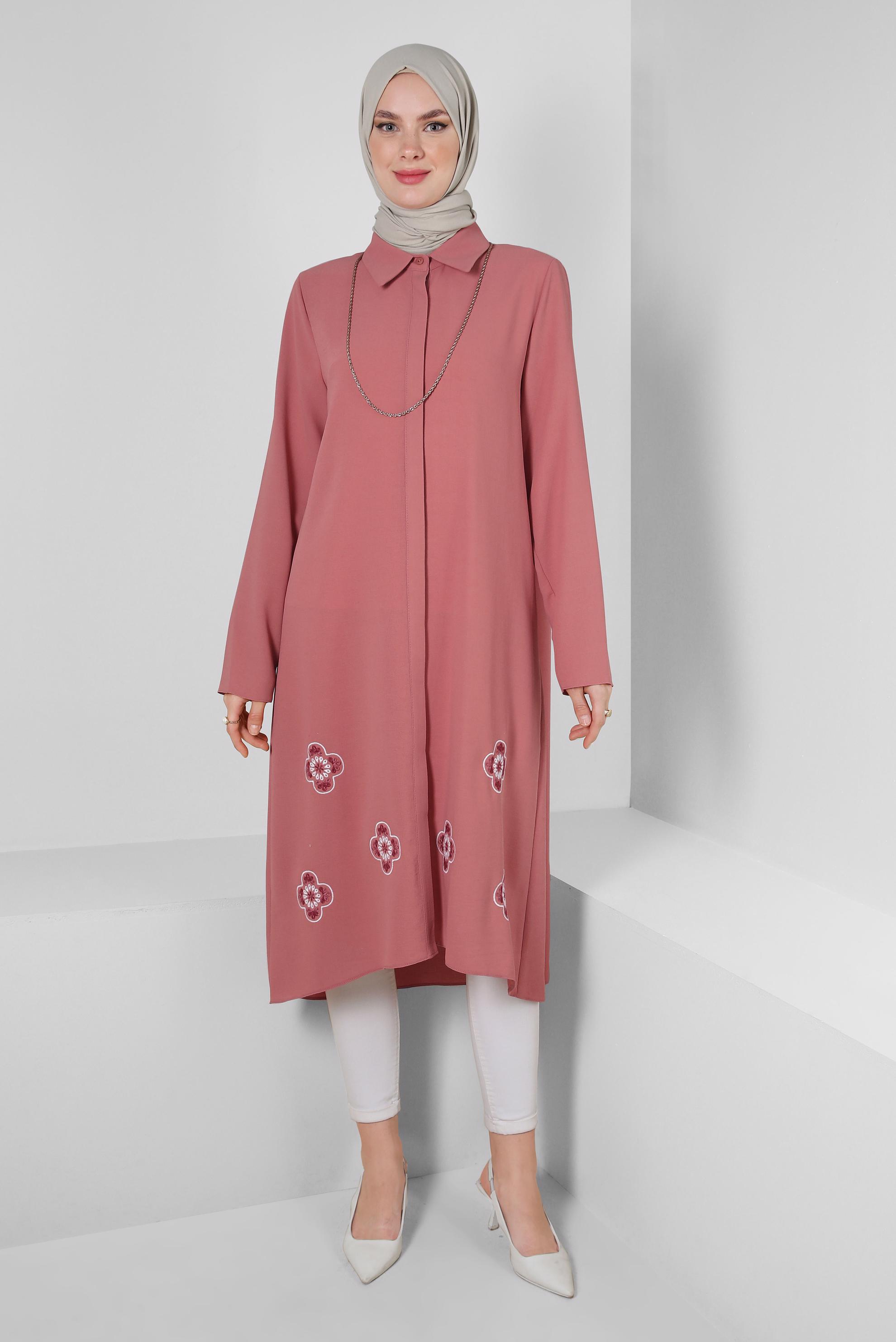 Tesettür giyim PUDRA ÇİÇEK DESENLİ GÖMLEK YAKA UZUN TUNİK 43790