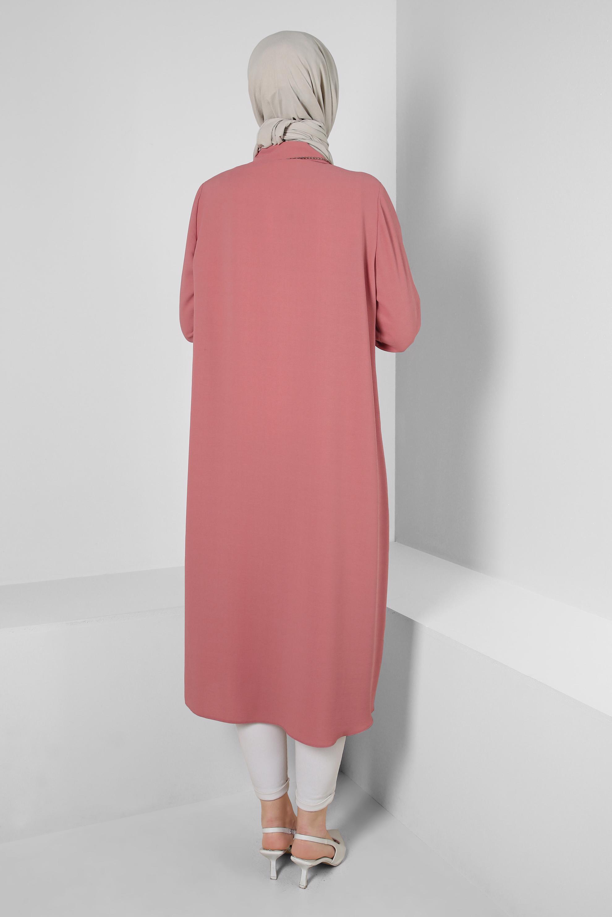 Tesettür giyim PUDRA ÇİÇEK DESENLİ GÖMLEK YAKA UZUN TUNİK 43790