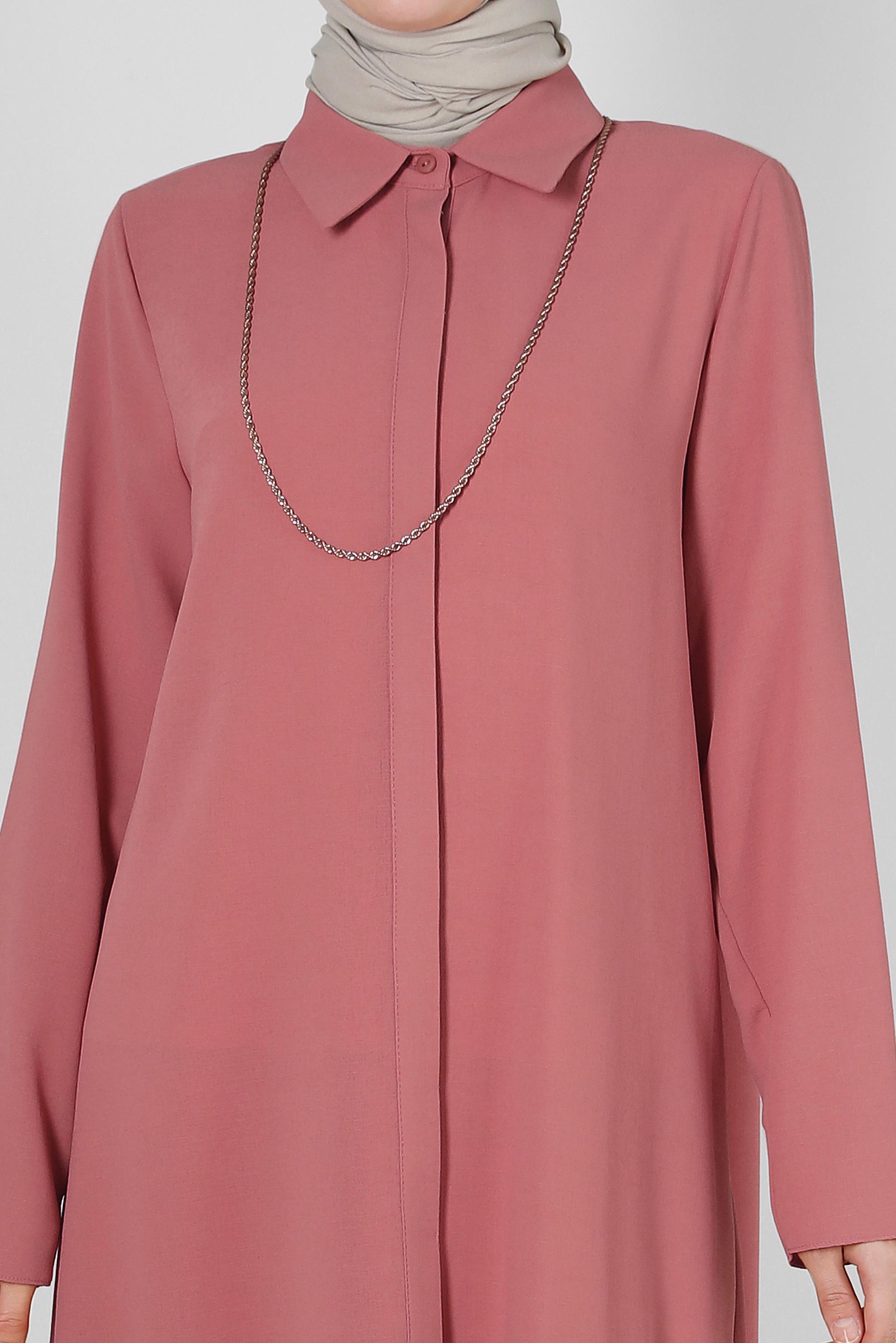 Tesettür giyim PUDRA ÇİÇEK DESENLİ GÖMLEK YAKA UZUN TUNİK 43790