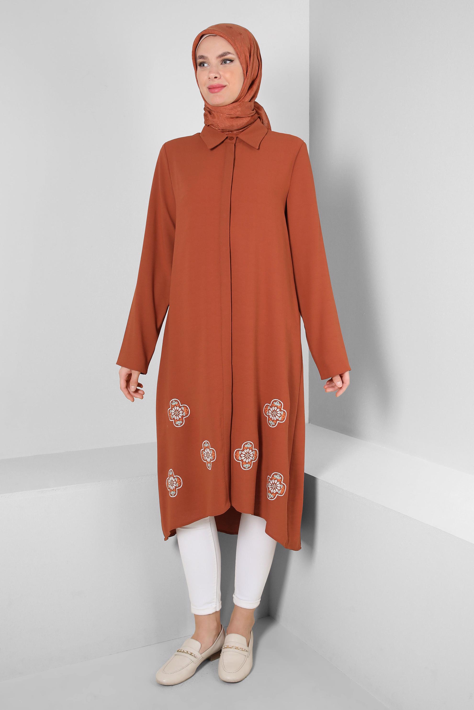 Tesettür giyim BORDO ÇİÇEK DESENLİ GÖMLEK YAKA UZUN TUNİK 43790