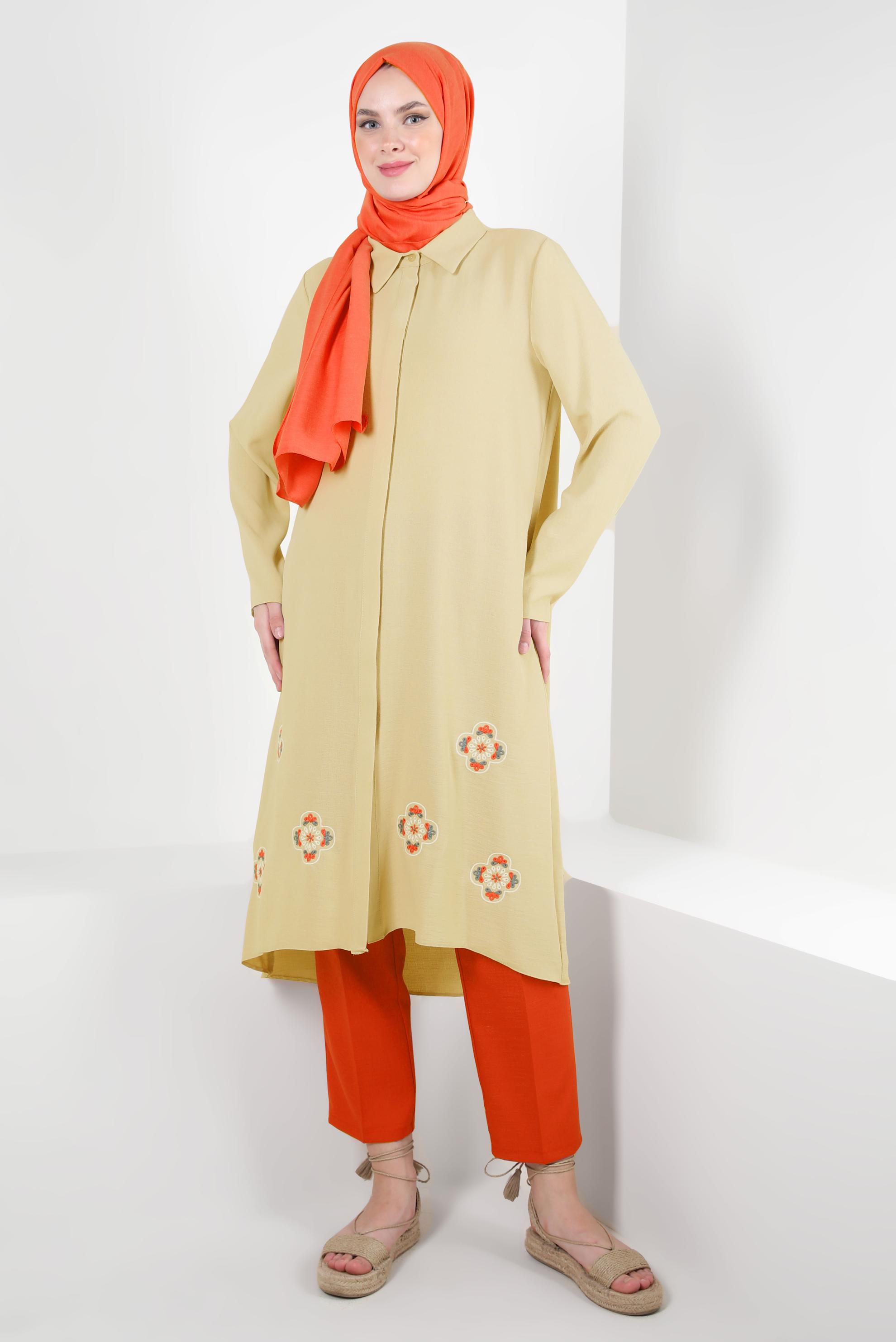 Vêtements hijab SABLE TUNIQUE LONGUE MOTIF FLEURS COL CHEMISE 43790