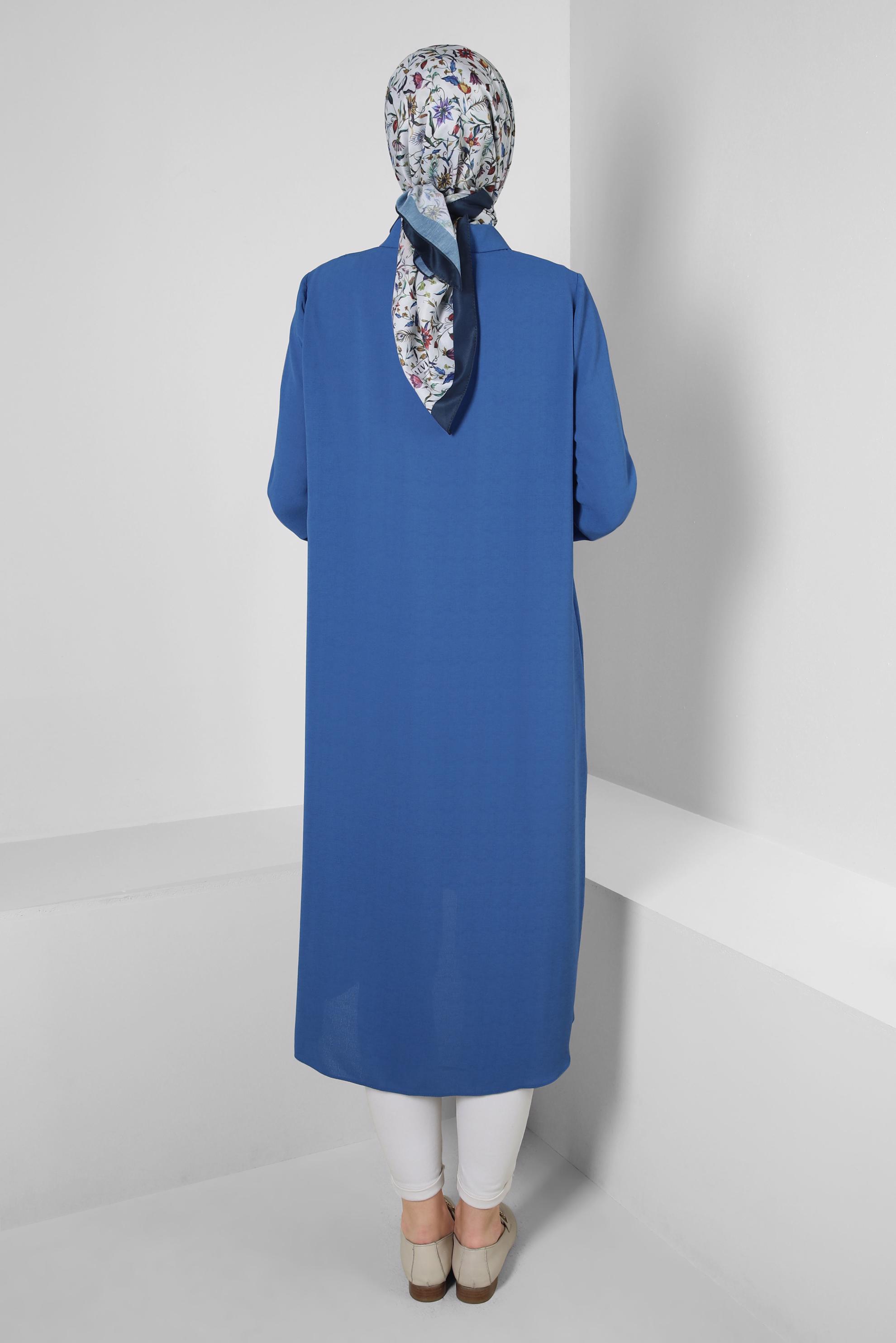 Tesettür giyim MAVİ ÇİÇEK DESENLİ GÖMLEK YAKA UZUN TUNİK 43790