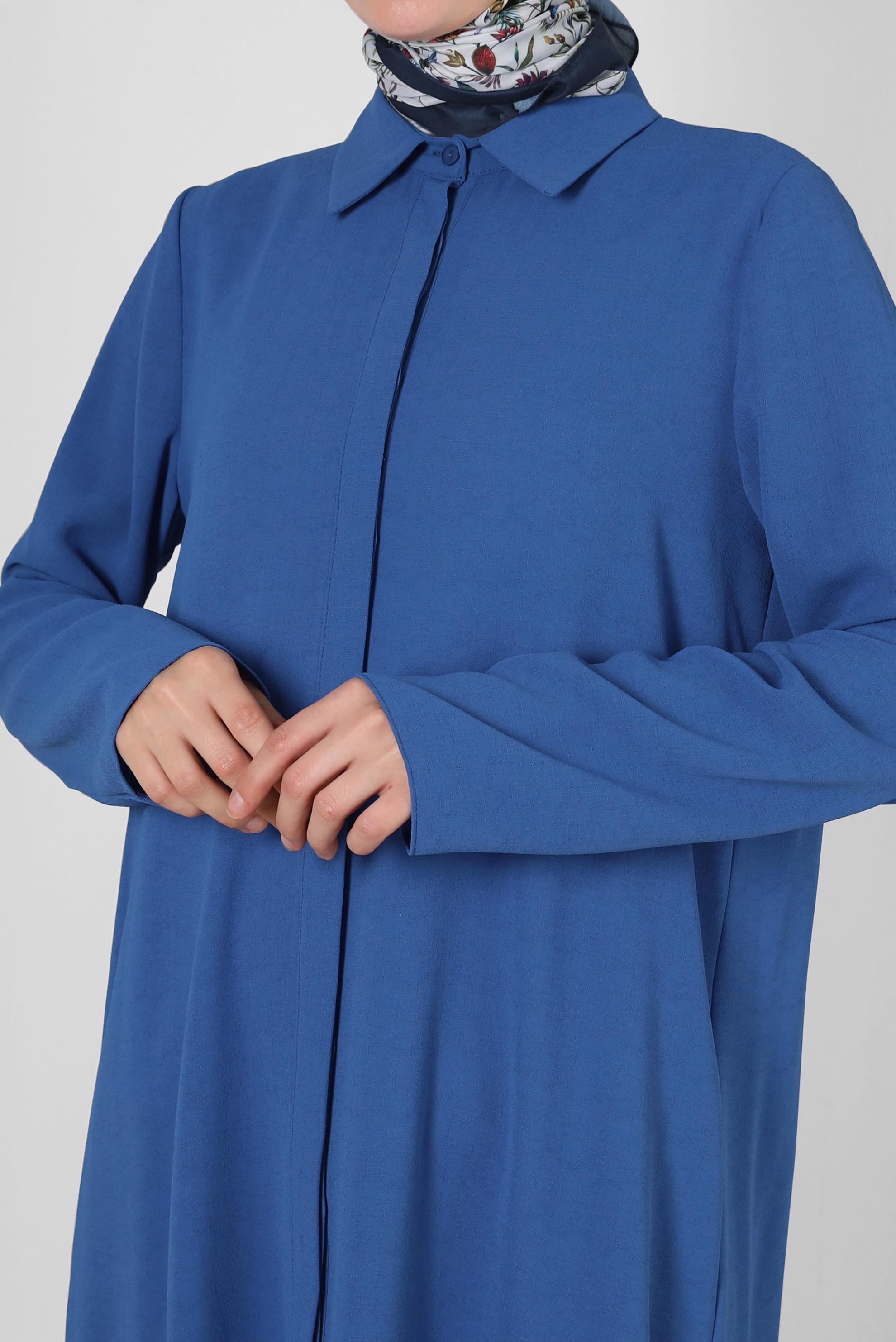 Tesettür giyim MAVİ ÇİÇEK DESENLİ GÖMLEK YAKA UZUN TUNİK 43790