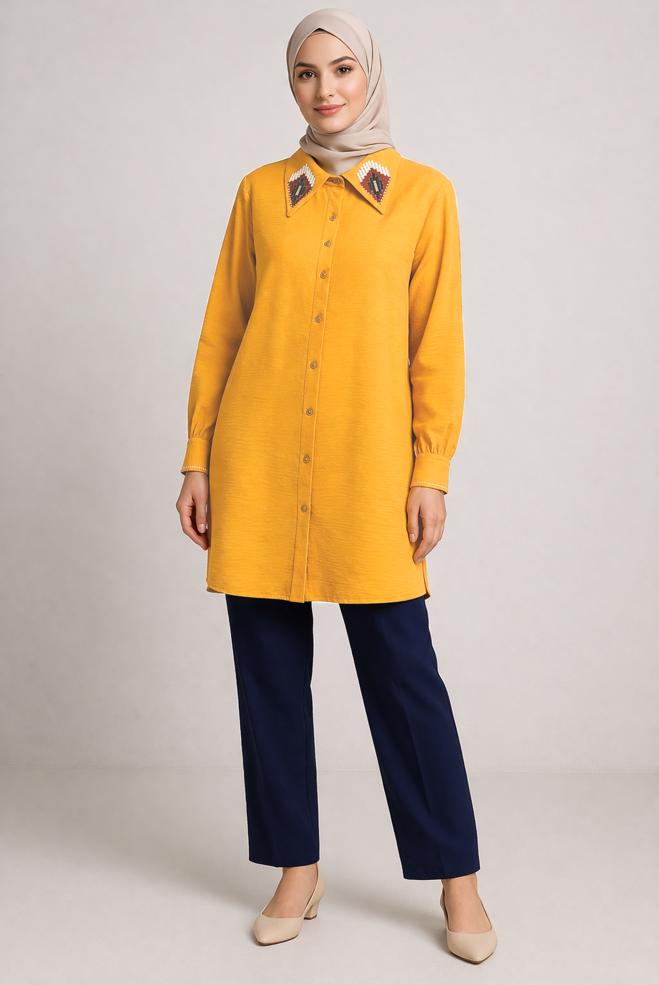Vêtements hijab JAUNE TUNIQUE BRODÉE 43792 - ALVİNA