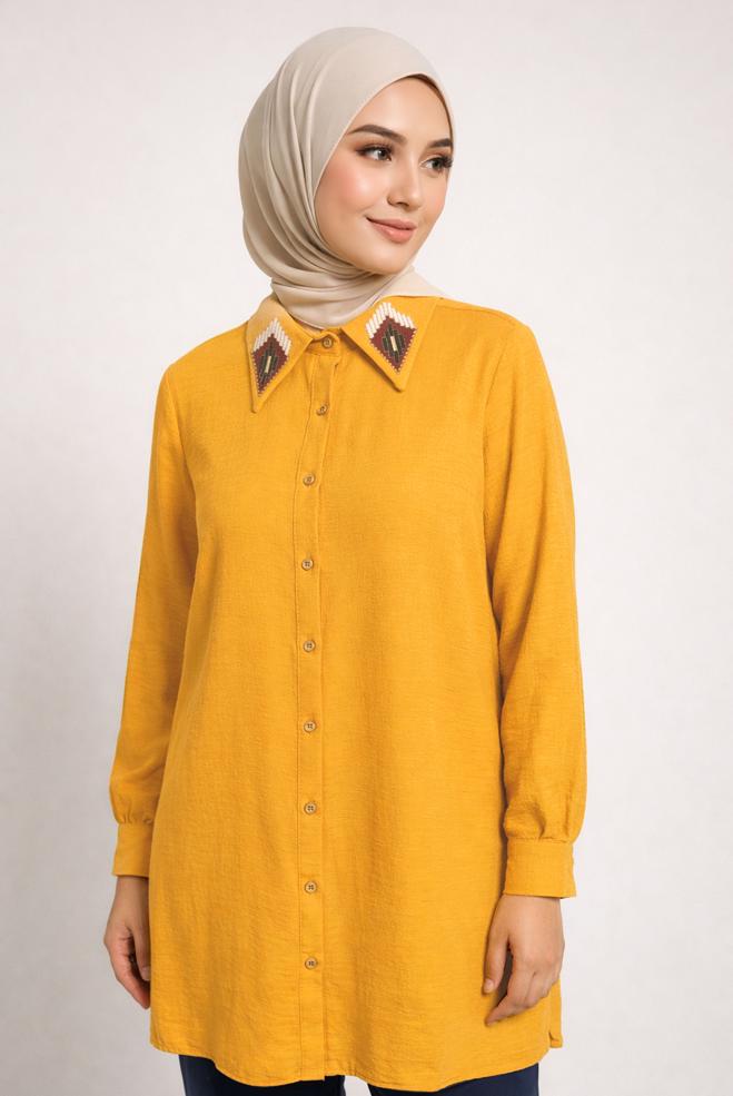 Vêtements hijab JAUNE TUNIQUE BRODÉE 43792 - ALVİNA