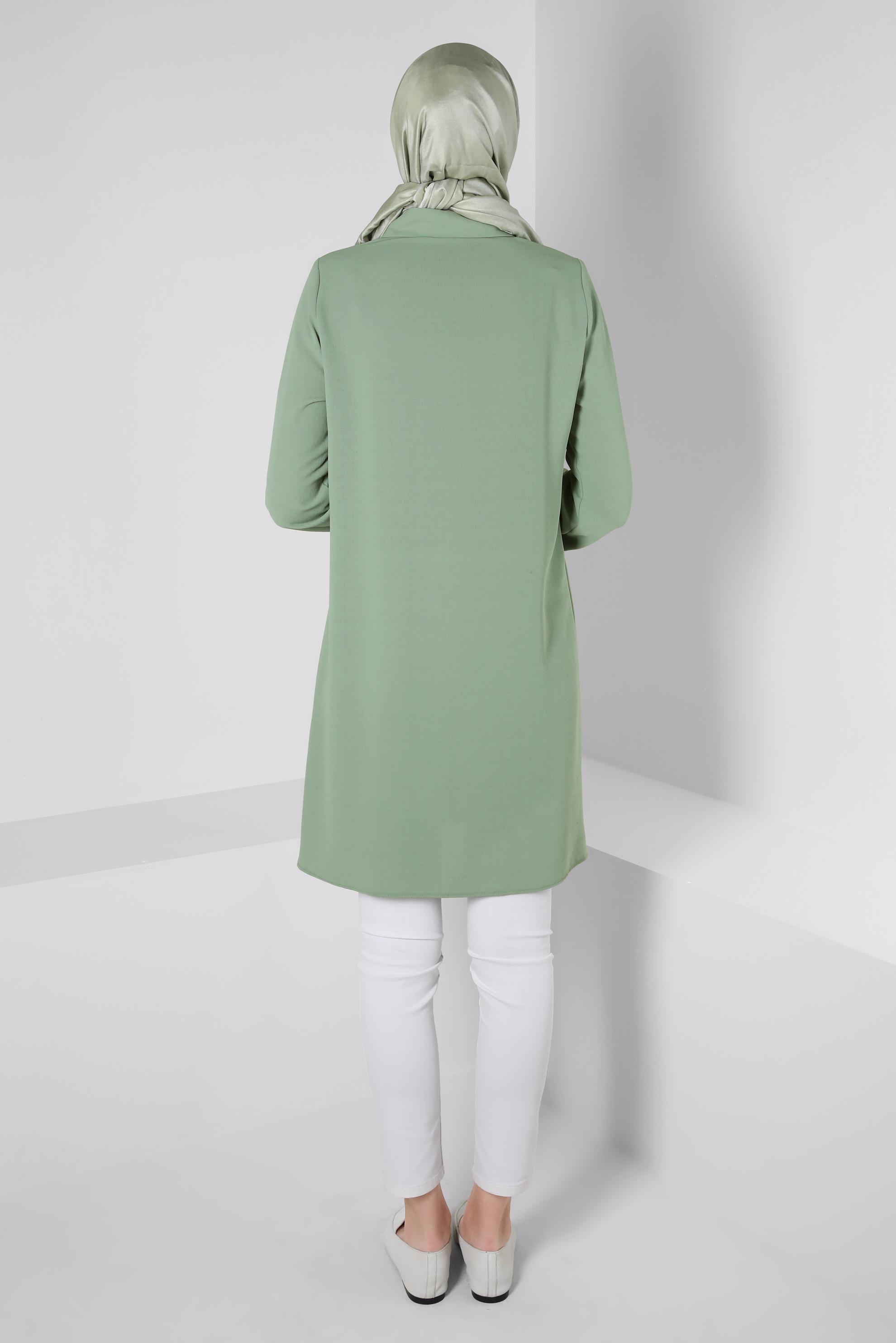 Tesettür giyim YEŞİL NAKIŞ DETAYLI DÜĞMELİ TUNİK 43792