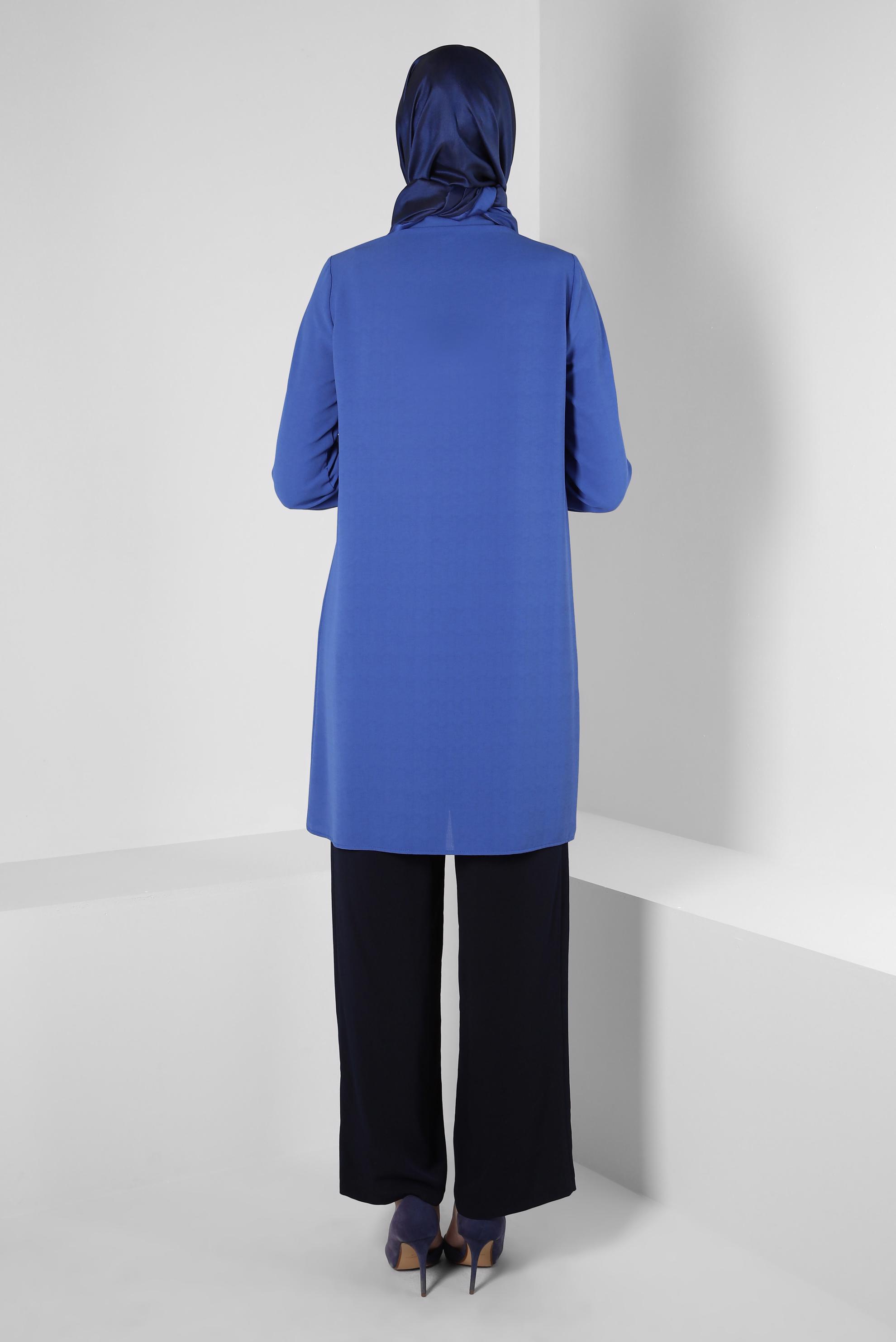 Tesettür giyim MAVİ NAKIŞ DETAYLI DÜĞMELİ TUNİK 43792