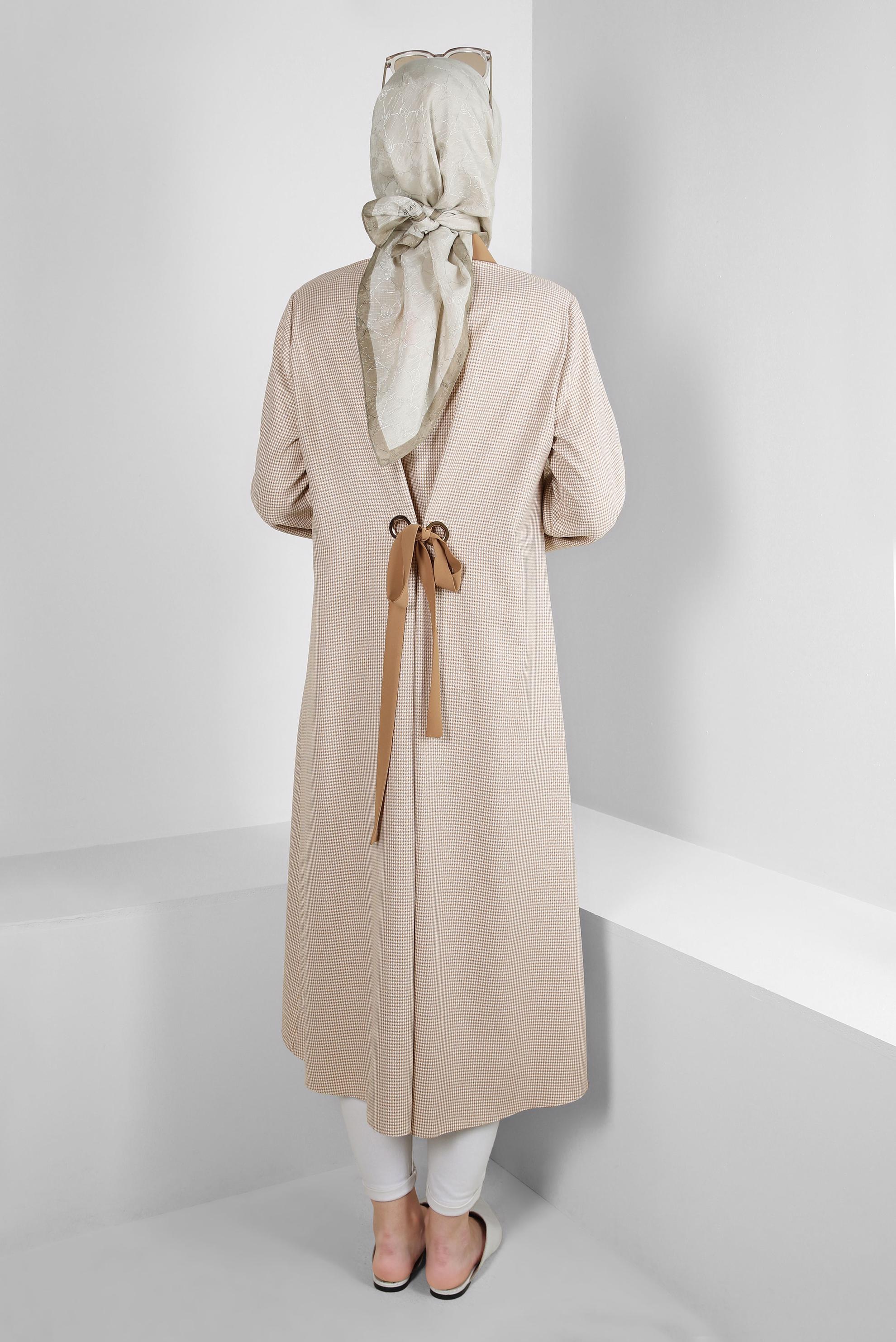 Tesettür giyim KAHVE ARKADAN BAĞLAMALI DÜĞMELİ UZUN TUNİK 43793