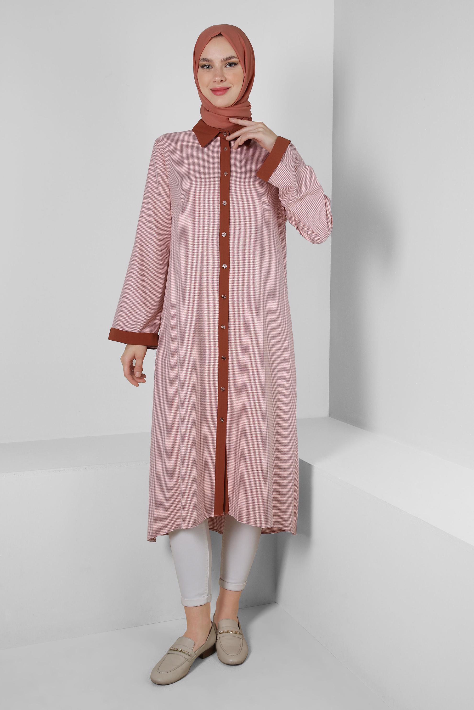 Tesettür giyim TURUNCU ARKADAN BAĞLAMALI DÜĞMELİ UZUN TUNİK 43793