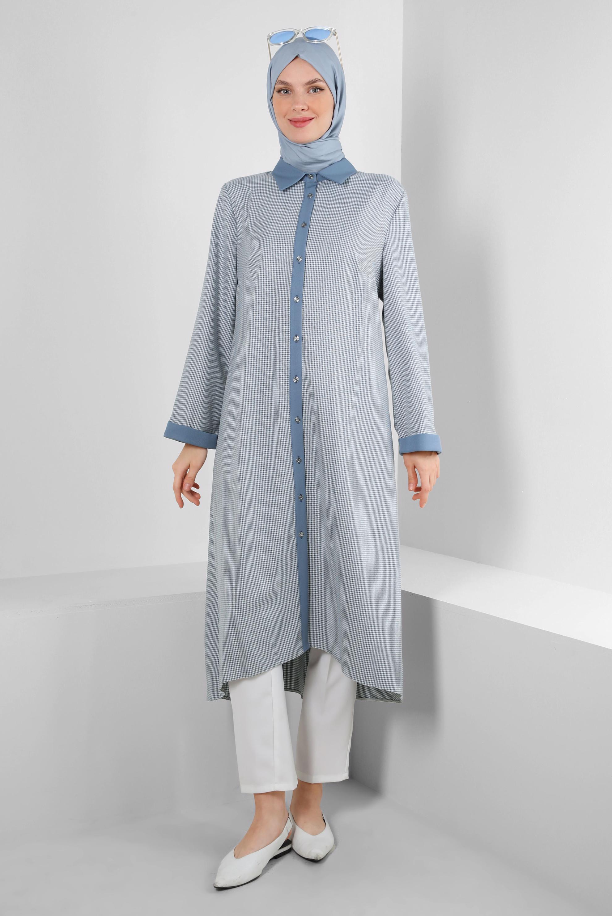 Tesettür giyim LACİVERT ARKADAN BAĞLAMALI DÜĞMELİ UZUN TUNİK 43793