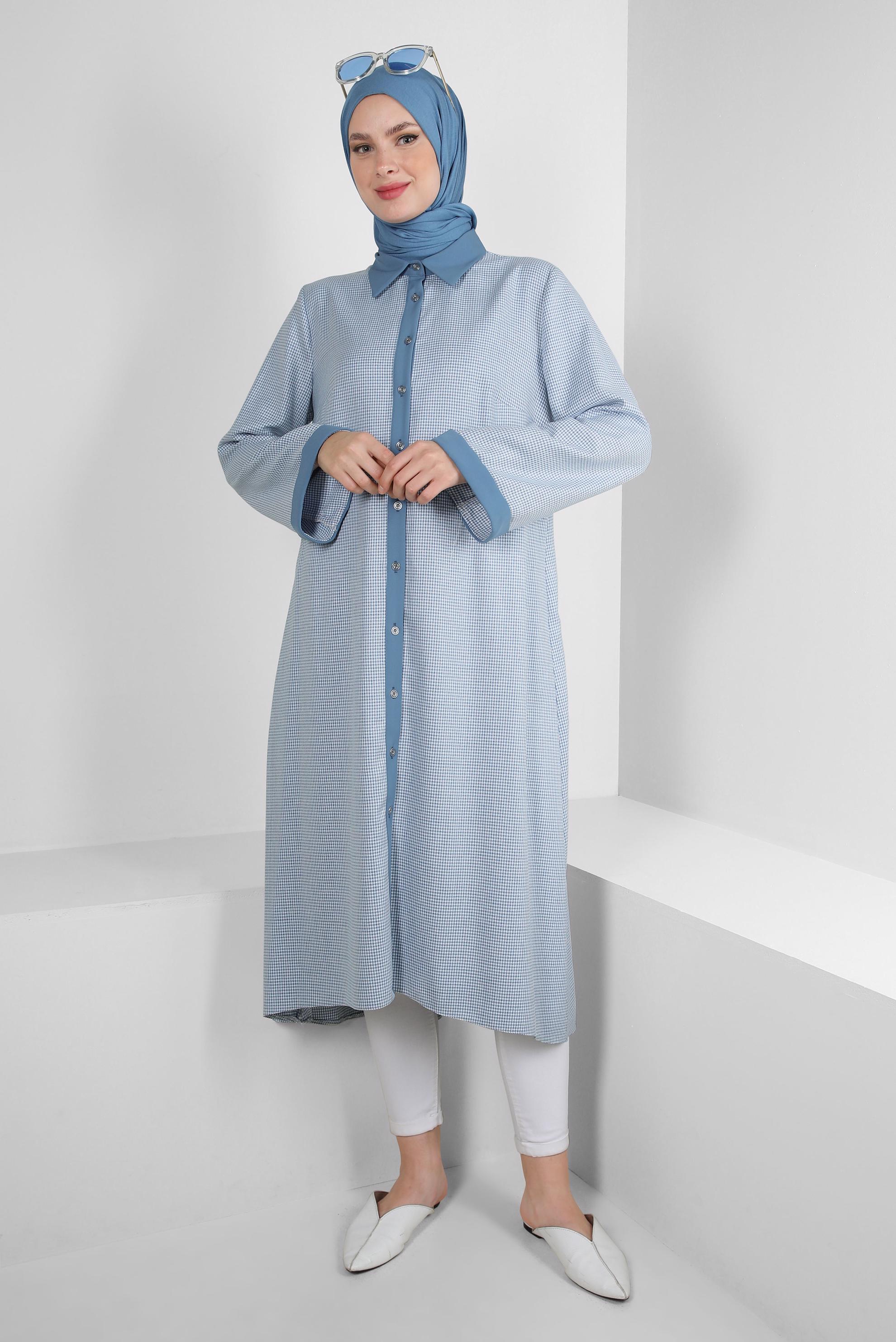 Tesettür giyim LACİVERT ARKADAN BAĞLAMALI DÜĞMELİ UZUN TUNİK 43793