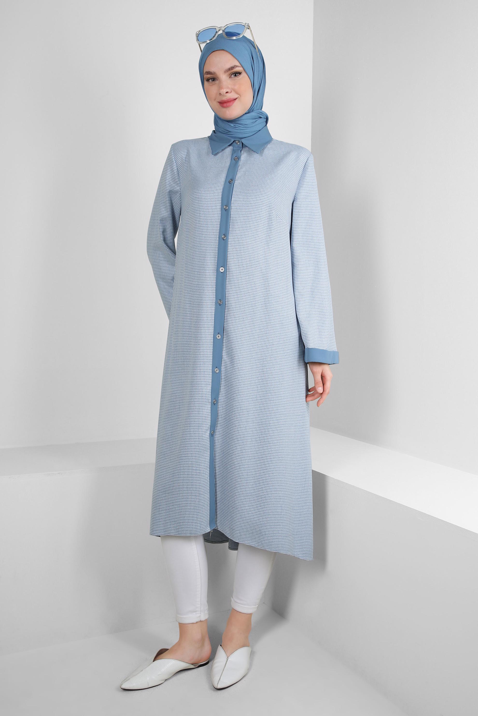 Tesettür giyim LACİVERT ARKADAN BAĞLAMALI DÜĞMELİ UZUN TUNİK 43793