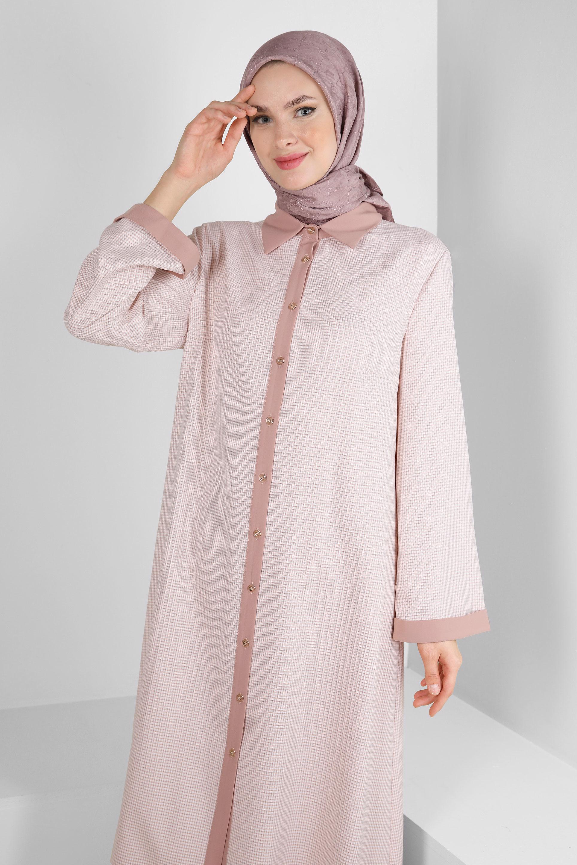 Tesettür giyim KAHVE ARKADAN BAĞLAMALI DÜĞMELİ UZUN TUNİK 43793