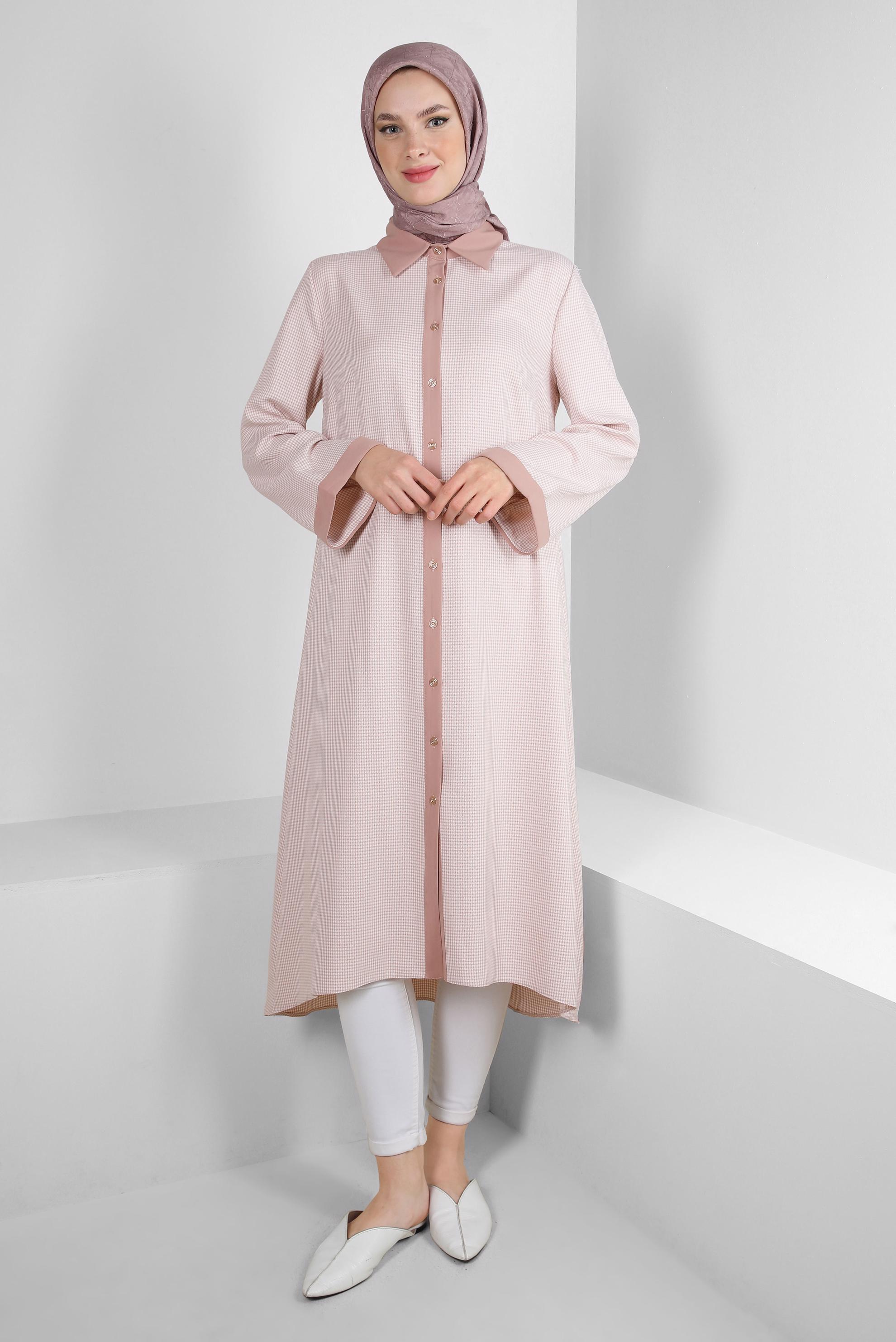 Tesettür giyim KAHVE ARKADAN BAĞLAMALI DÜĞMELİ UZUN TUNİK 43793