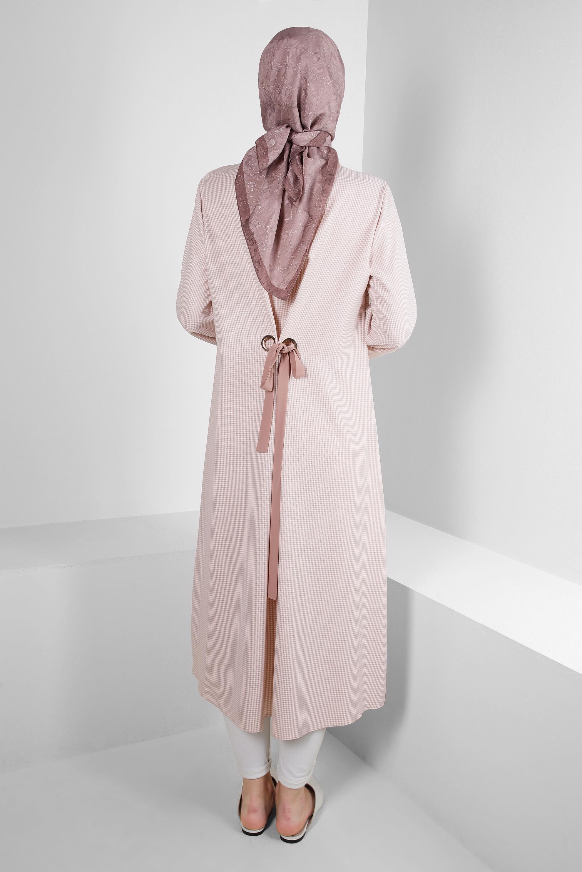 Tesettür giyim KAHVE ARKADAN BAĞLAMALI DÜĞMELİ UZUN TUNİK 43793