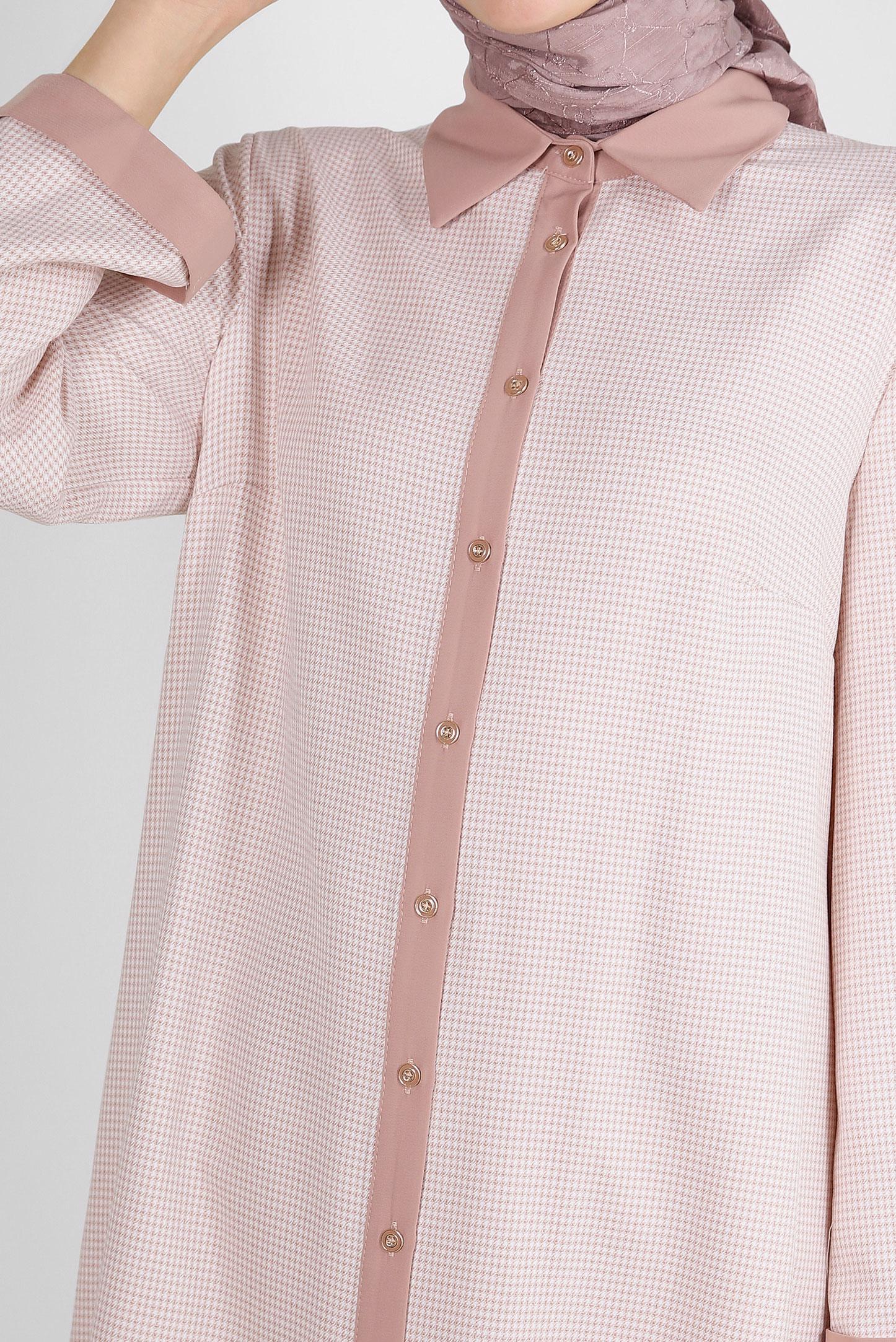 Tesettür giyim KAHVE ARKADAN BAĞLAMALI DÜĞMELİ UZUN TUNİK 43793