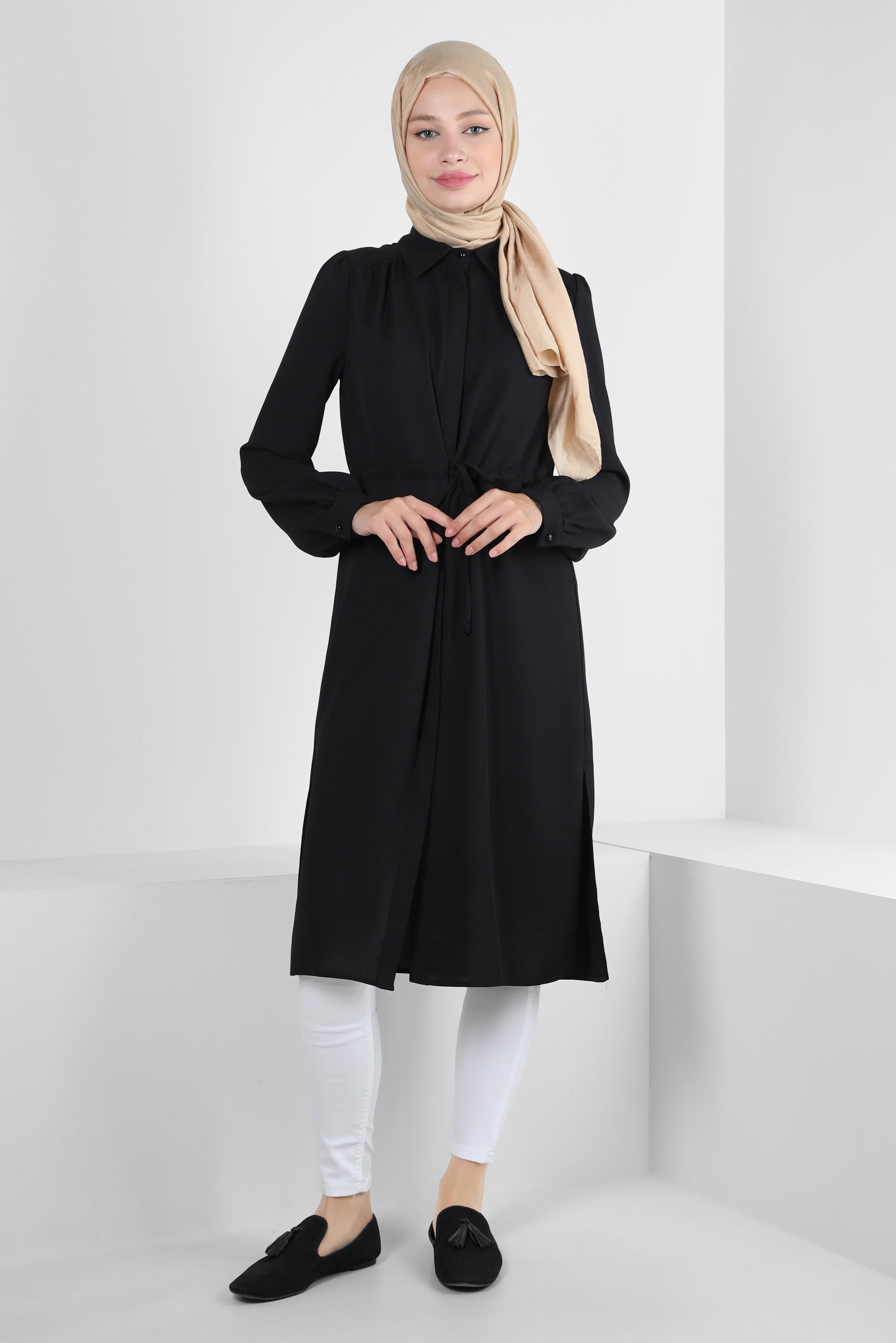 Tesettür giyim SİYAH BELİ BÜZGÜLÜ GÖMLEK YAKA UZUN TUNİK 43794