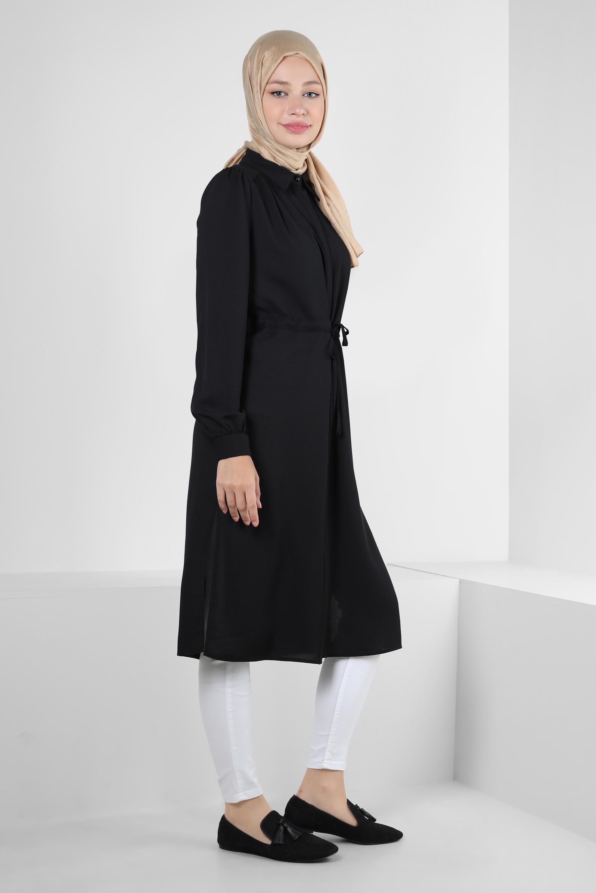 Tesettür giyim SİYAH BELİ BÜZGÜLÜ GÖMLEK YAKA UZUN TUNİK 43794