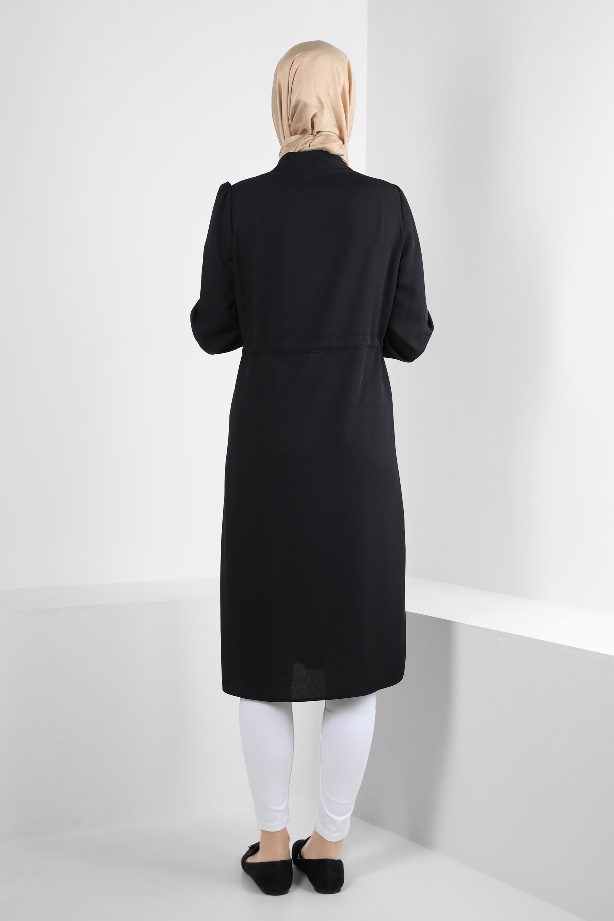 Tesettür giyim SİYAH BELİ BÜZGÜLÜ GÖMLEK YAKA UZUN TUNİK 43794