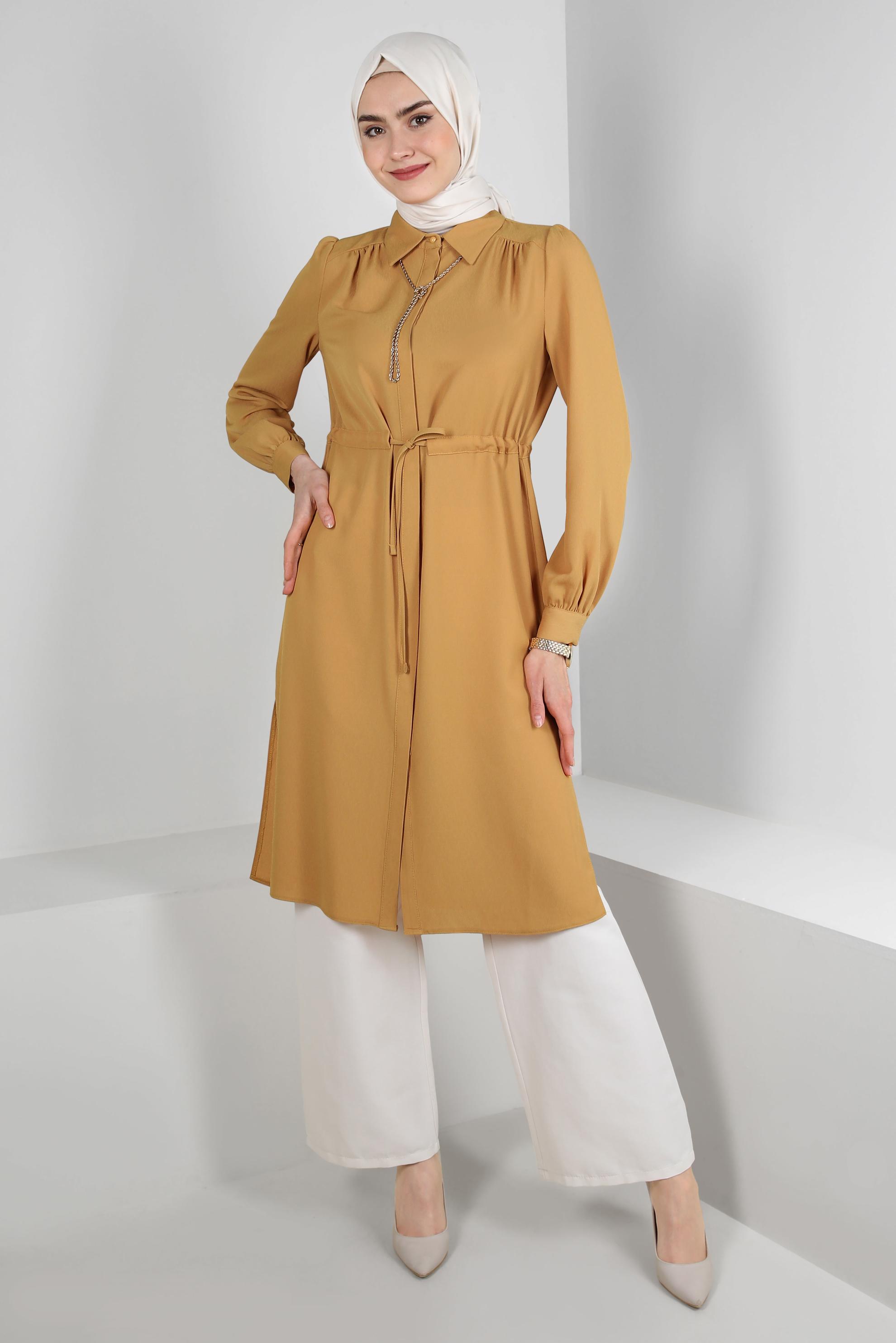 Tesettür giyim SARI BELİ BÜZGÜLÜ GÖMLEK YAKA UZUN TUNİK 43794