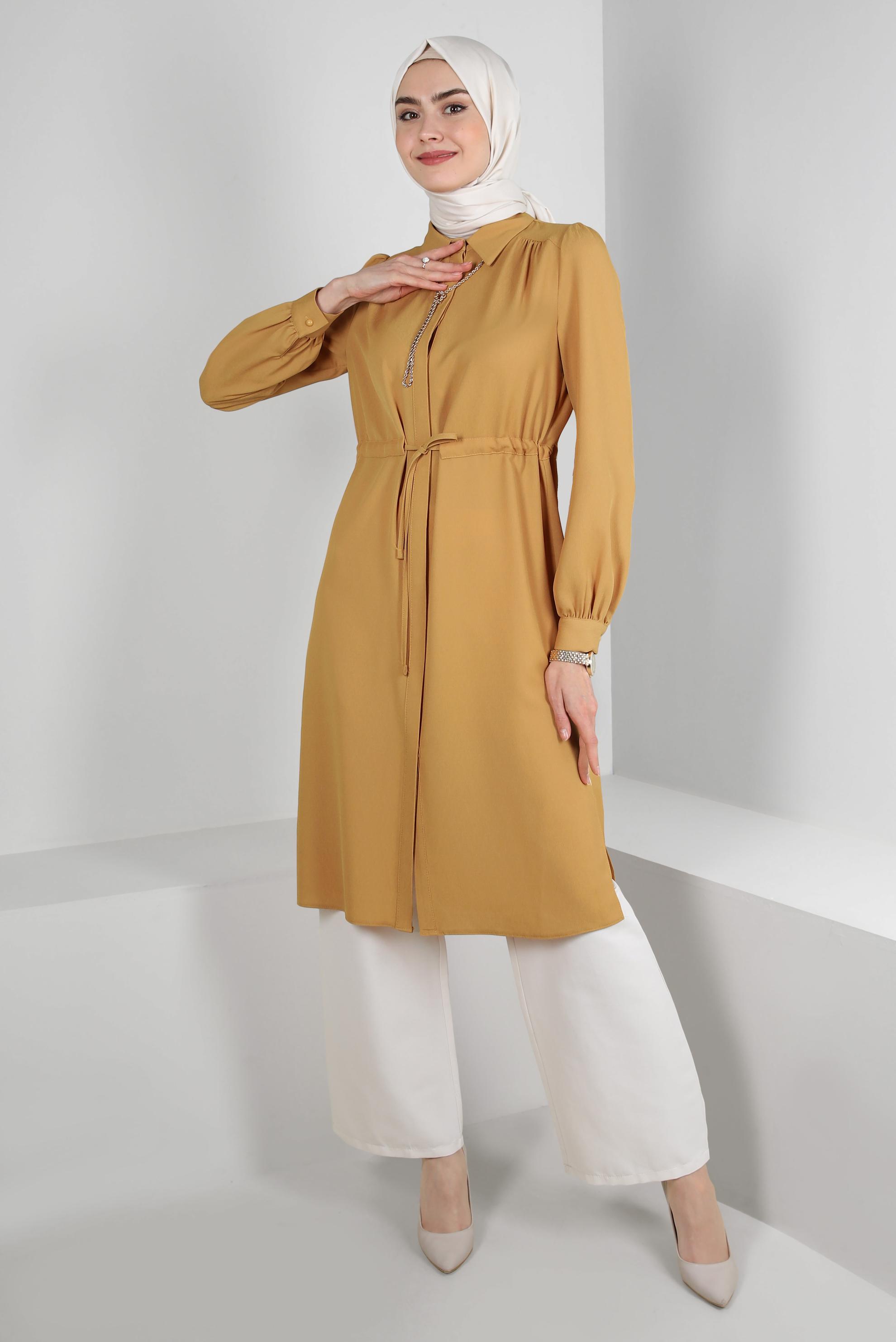 Tesettür giyim SARI BELİ BÜZGÜLÜ GÖMLEK YAKA UZUN TUNİK 43794