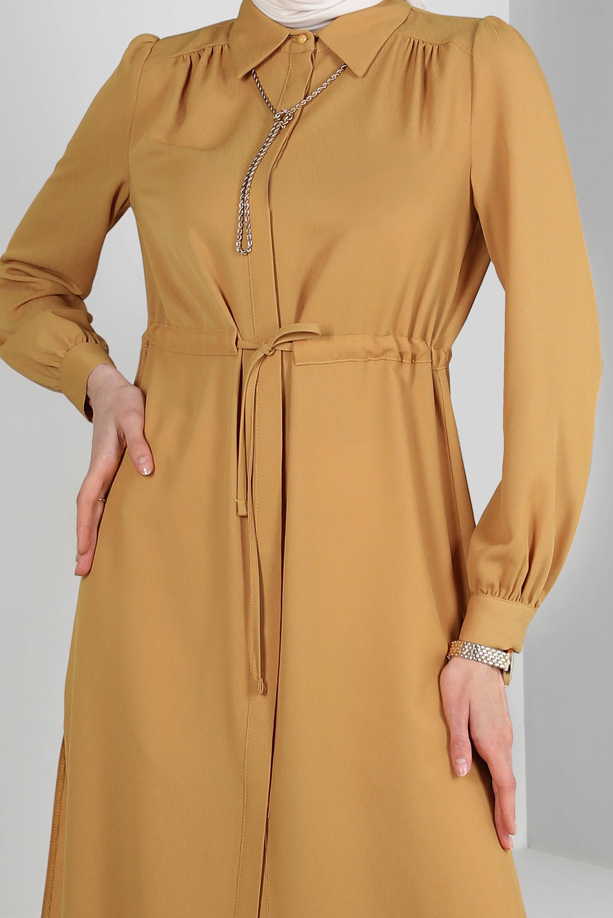 Tesettür giyim SARI BELİ BÜZGÜLÜ GÖMLEK YAKA UZUN TUNİK 43794