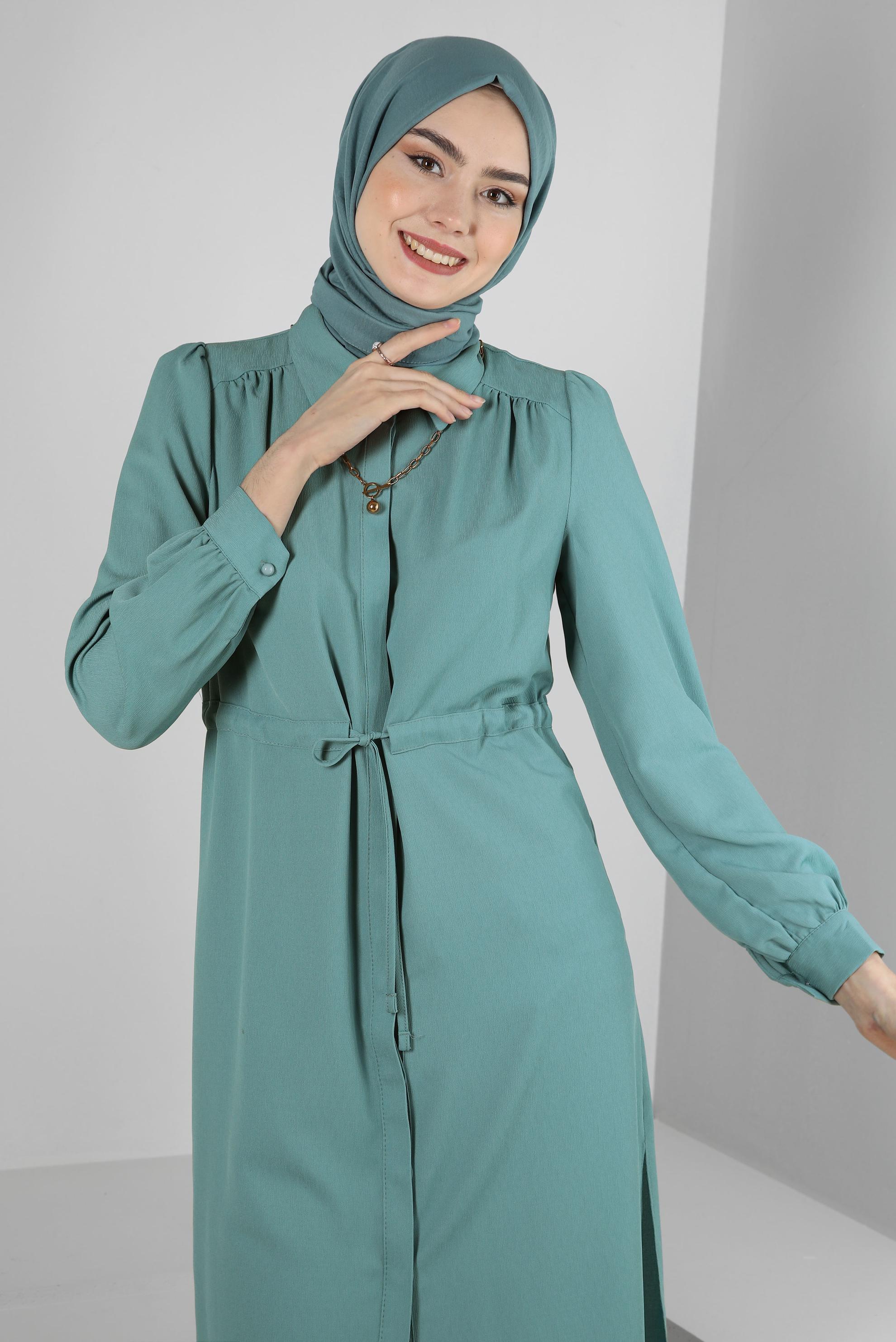 Tesettür giyim MAVİ BELİ BÜZGÜLÜ GÖMLEK YAKA UZUN TUNİK 43794