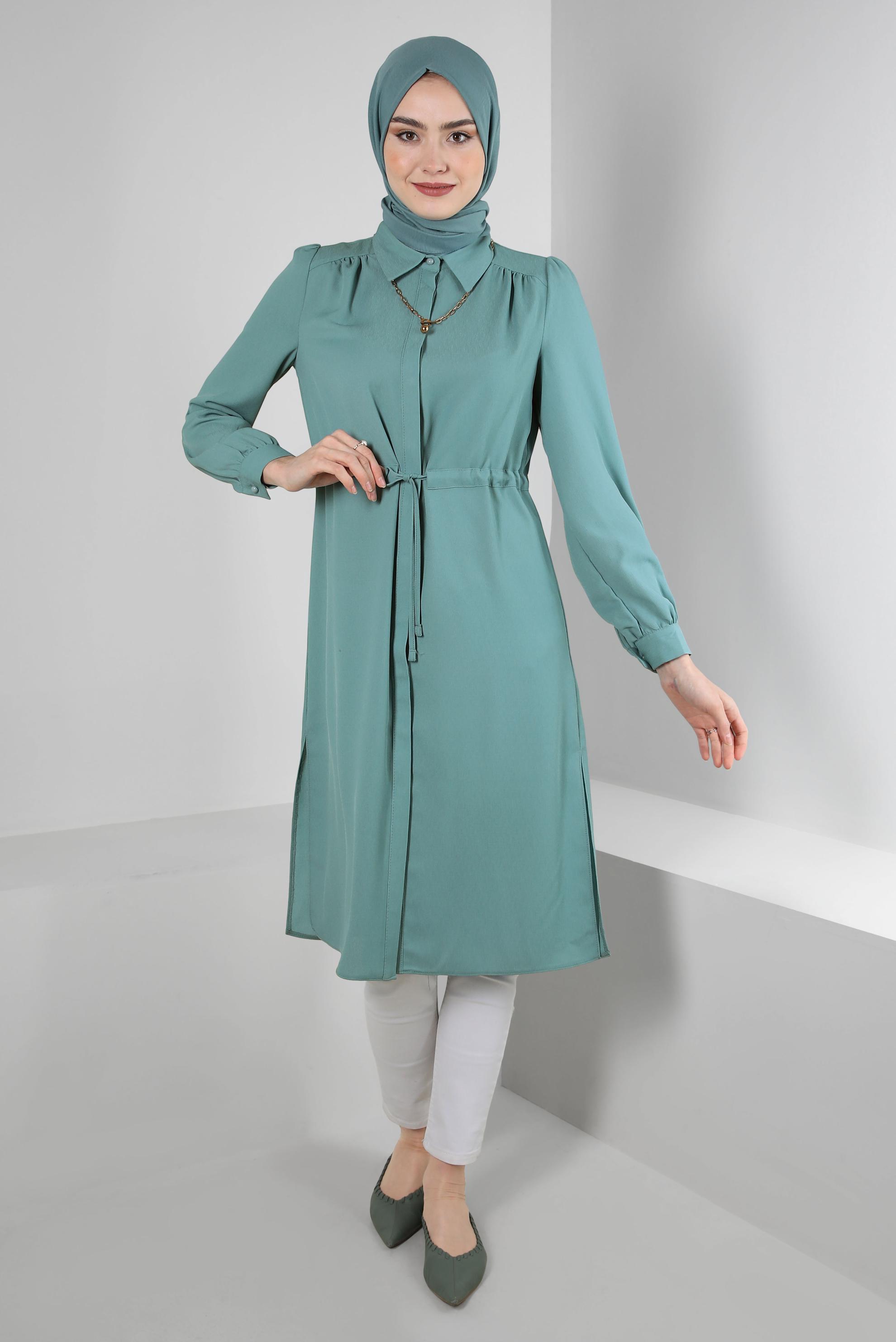 Tesettür giyim MAVİ BELİ BÜZGÜLÜ GÖMLEK YAKA UZUN TUNİK 43794