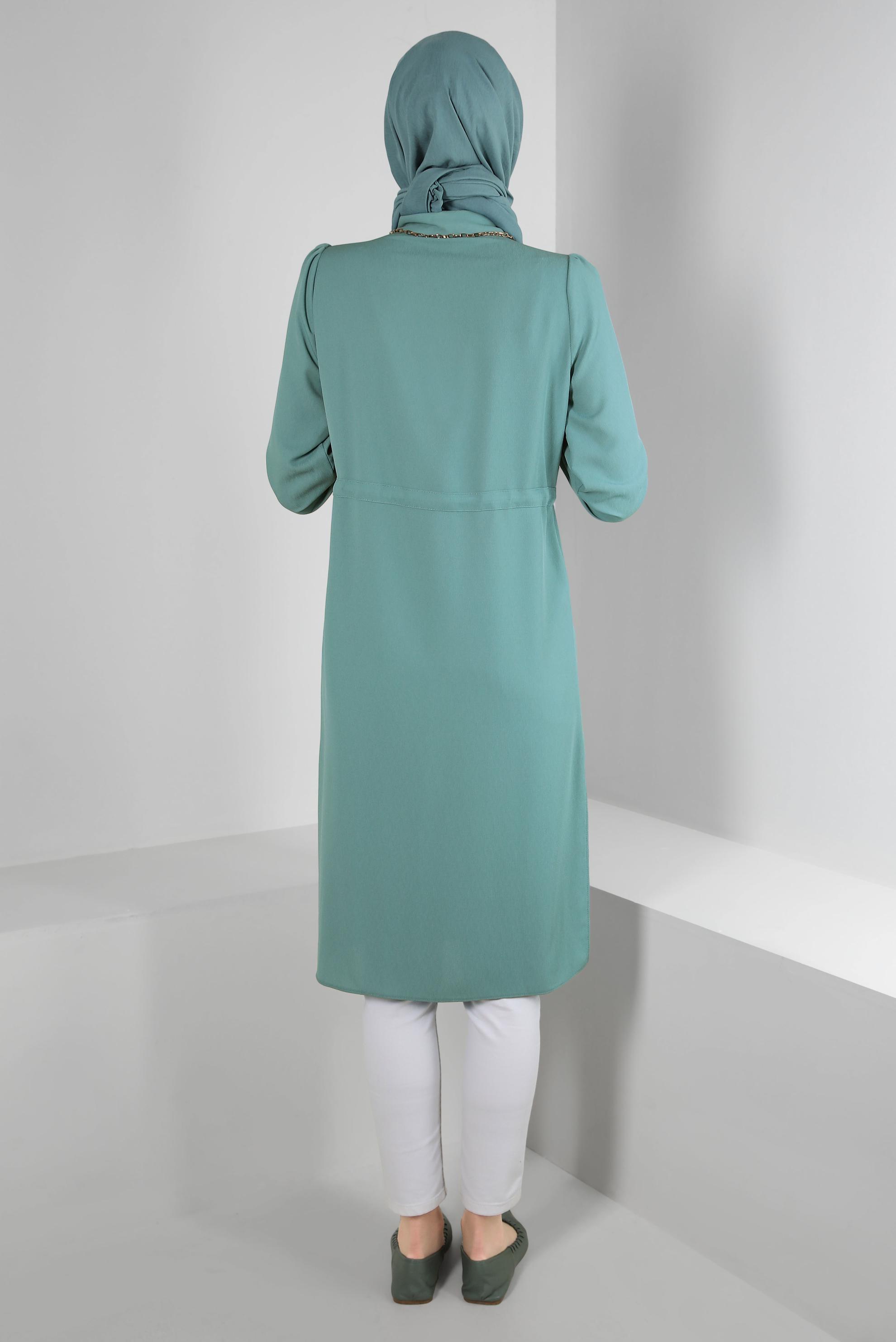 Tesettür giyim MAVİ BELİ BÜZGÜLÜ GÖMLEK YAKA UZUN TUNİK 43794