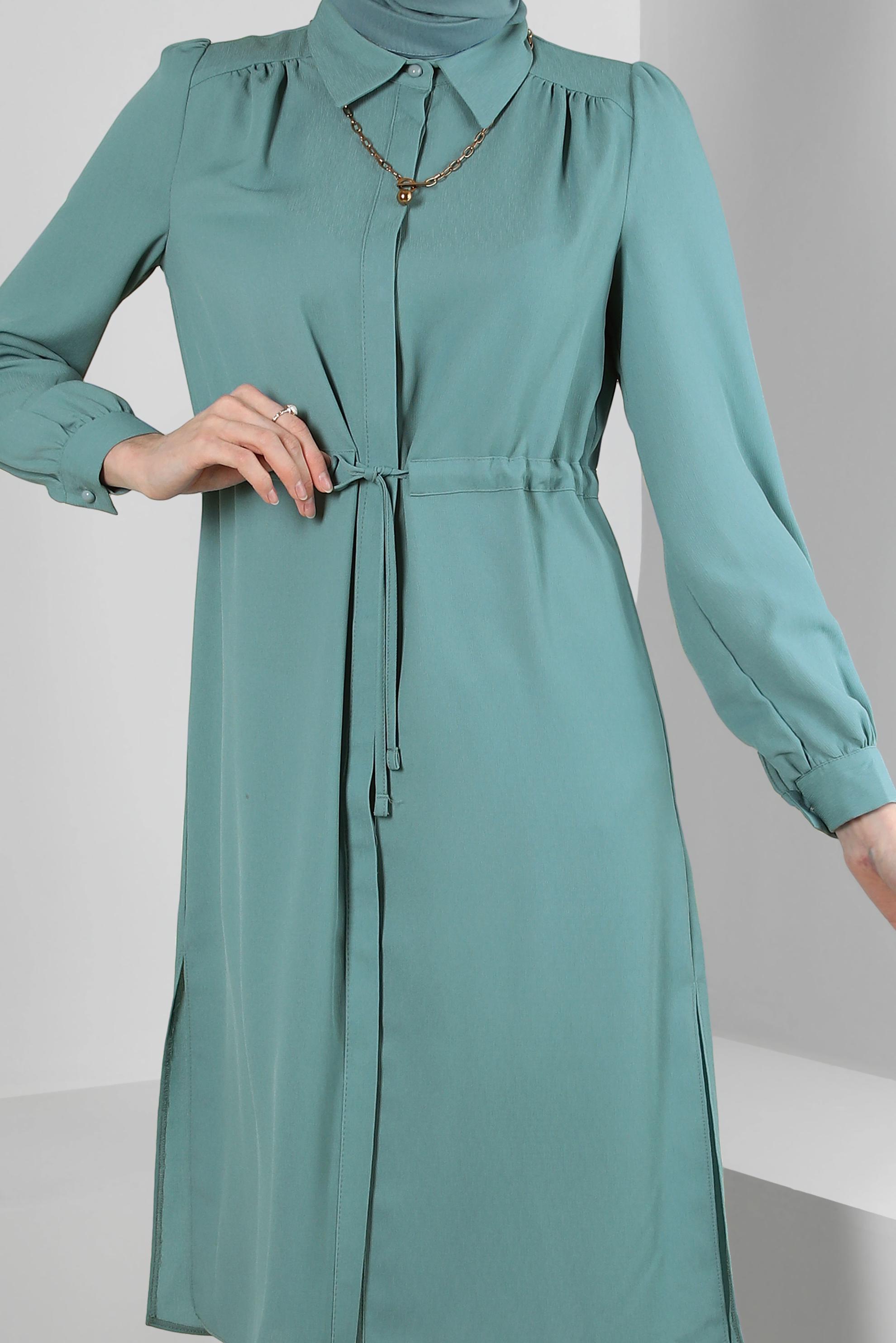 Tesettür giyim MAVİ BELİ BÜZGÜLÜ GÖMLEK YAKA UZUN TUNİK 43794