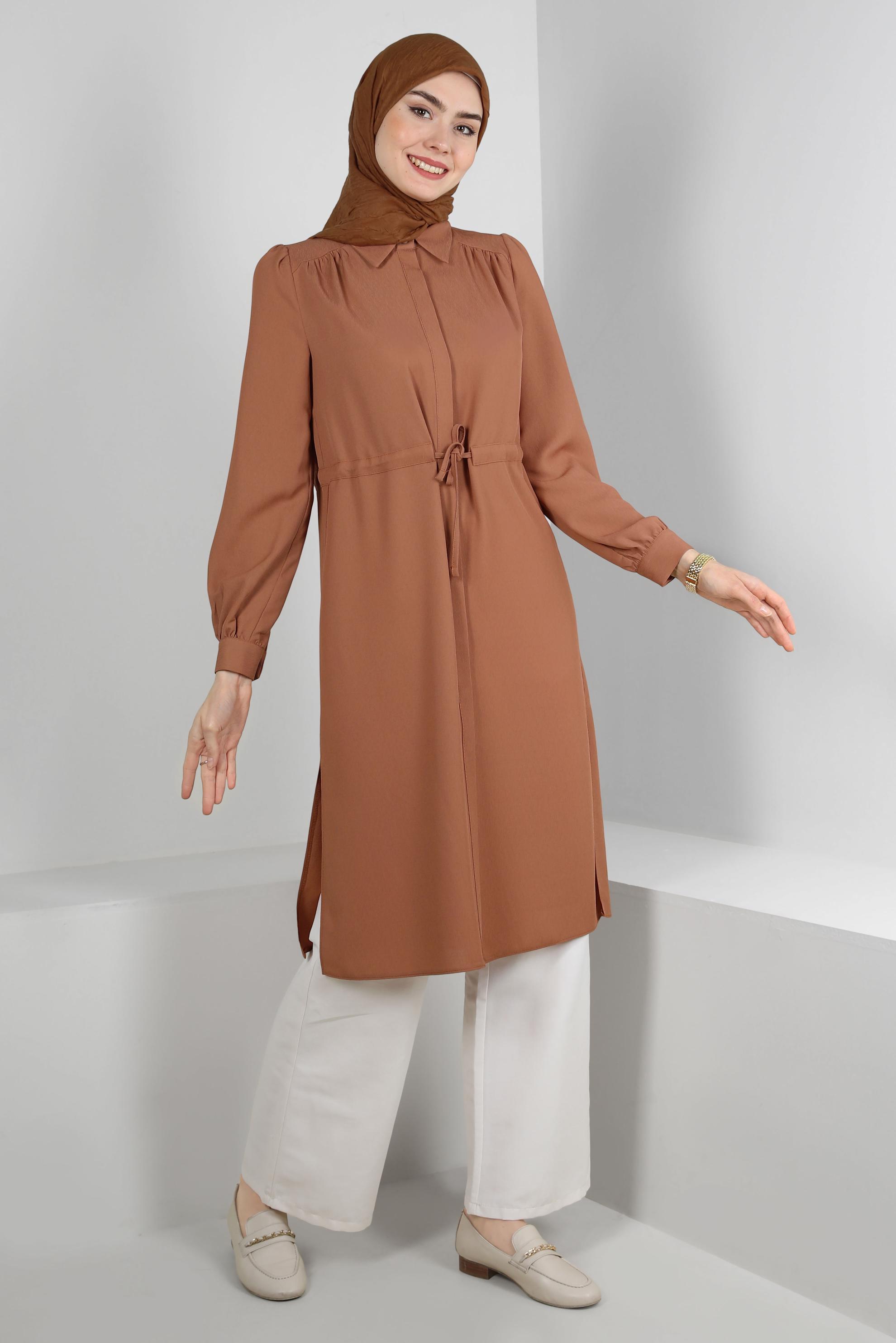 Tesettür giyim KAHVE BELİ BÜZGÜLÜ GÖMLEK YAKA UZUN TUNİK 43794