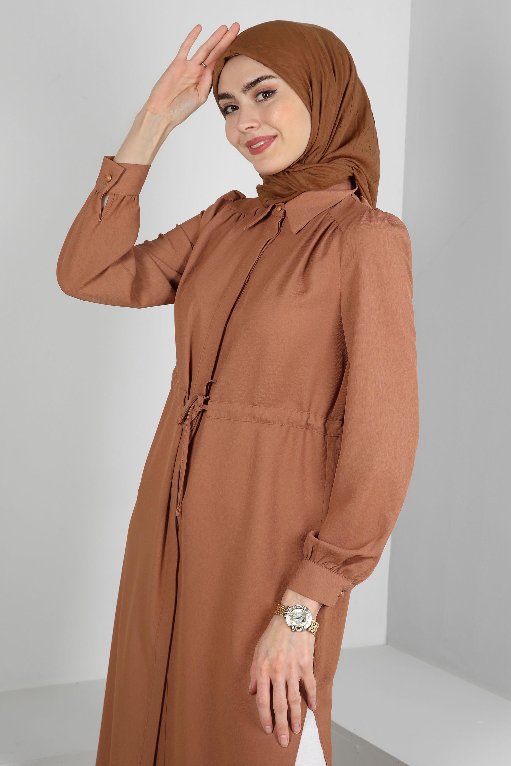 Tesettür giyim KAHVE BELİ BÜZGÜLÜ GÖMLEK YAKA UZUN TUNİK 43794