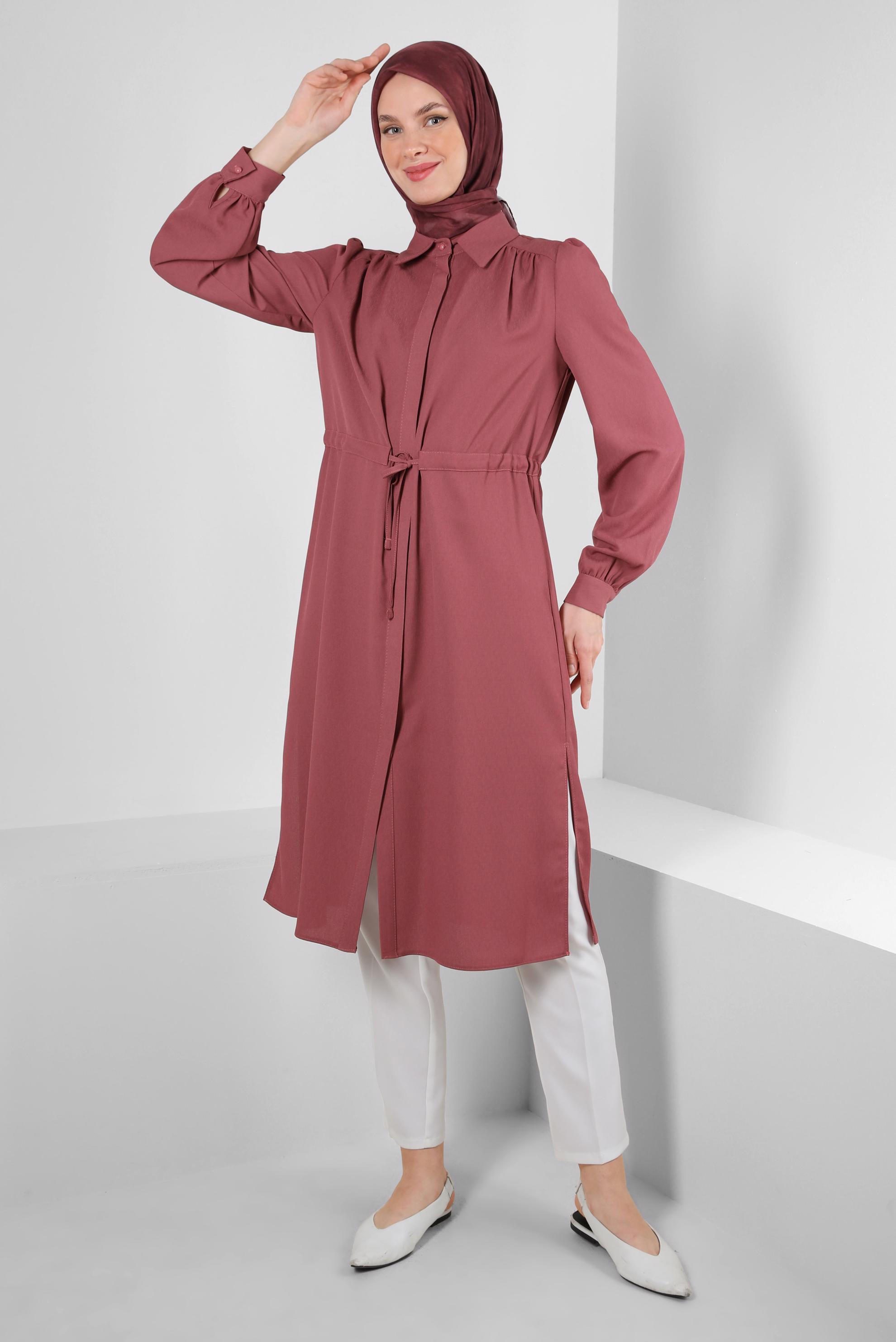 Tesettür giyim PEMBE BELİ BÜZGÜLÜ GÖMLEK YAKA UZUN TUNİK 43794