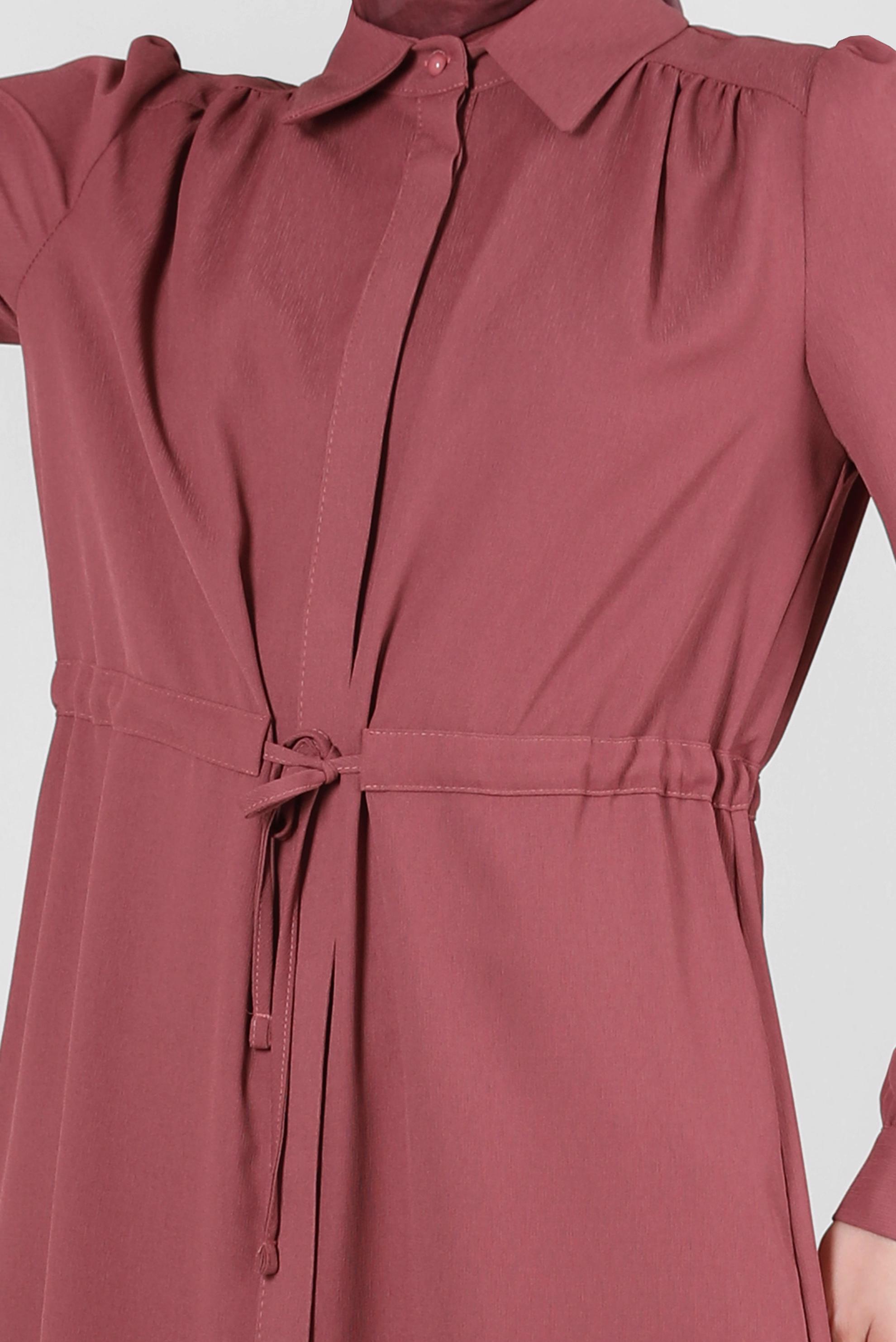 Tesettür giyim PEMBE BELİ BÜZGÜLÜ GÖMLEK YAKA UZUN TUNİK 43794