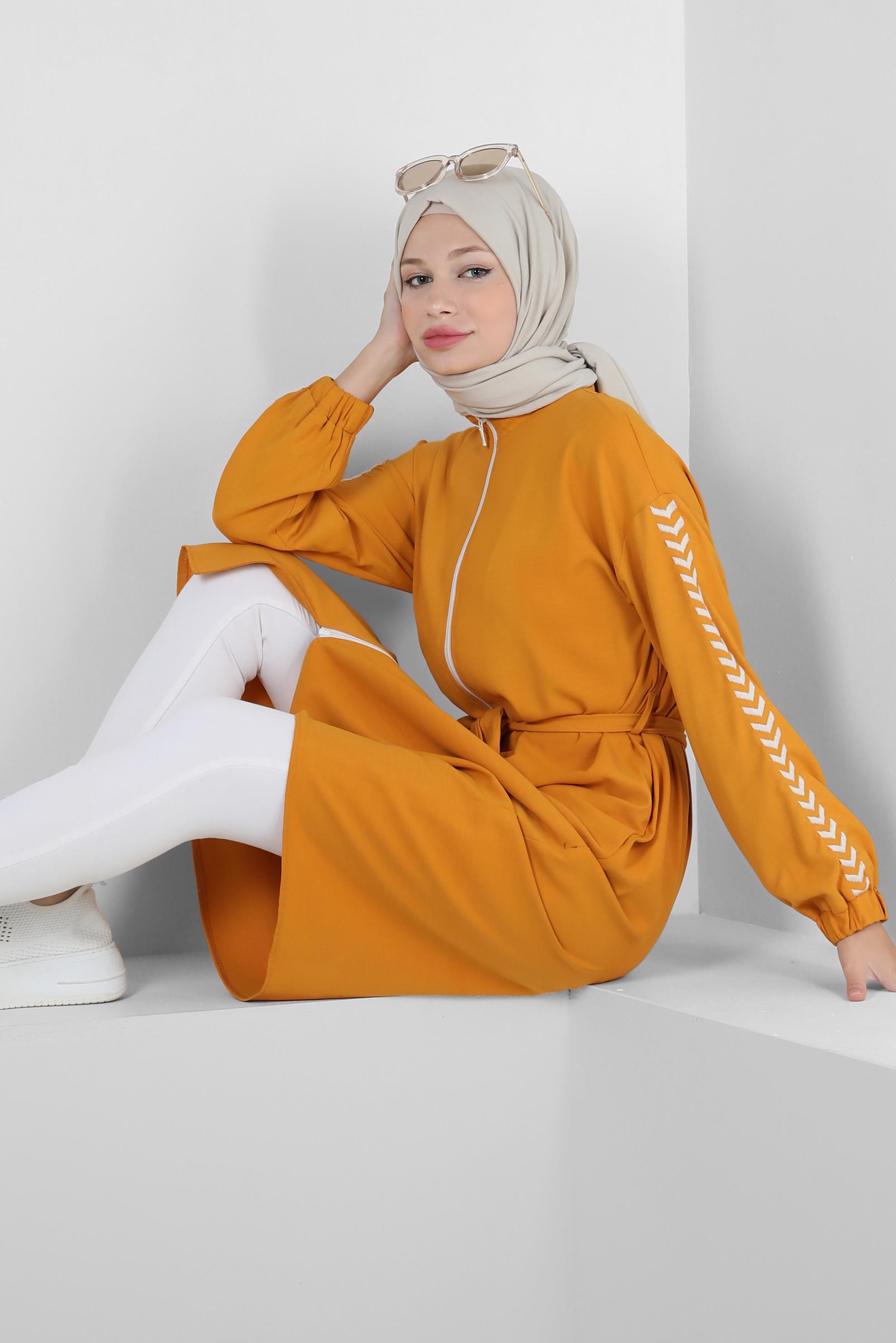 Vêtements hijab JAUNE TUNIQUE AVEC CEINTURE ET MANCHES À MOTIFS 43795