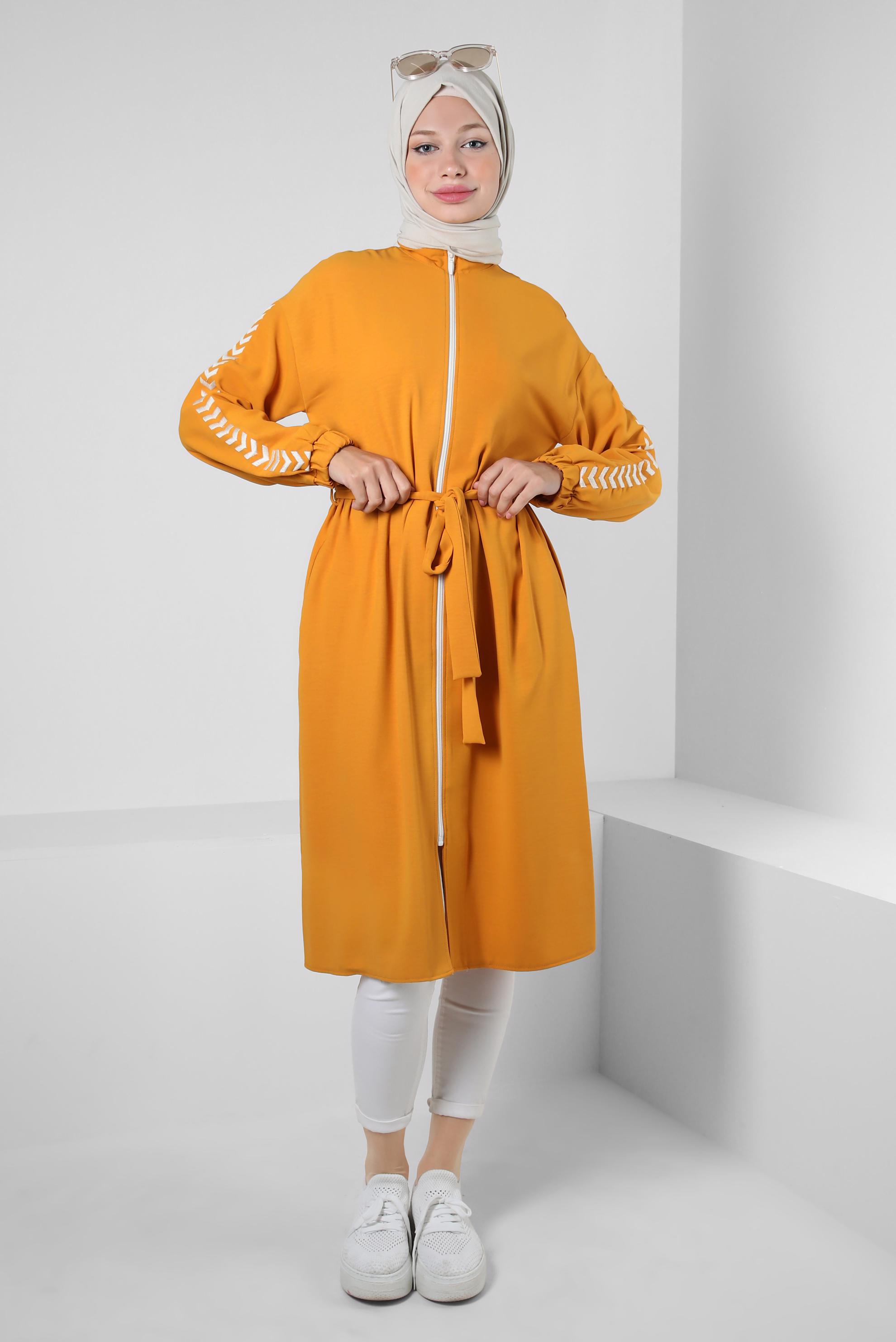 Vêtements hijab JAUNE TUNIQUE AVEC CEINTURE ET MANCHES À MOTIFS 43795