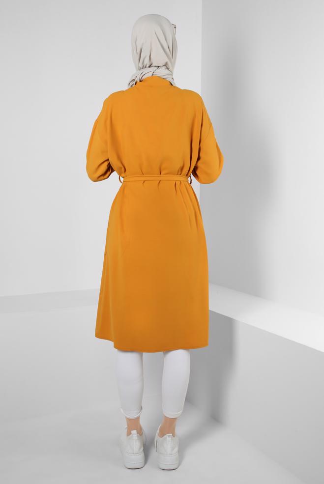 Vêtements hijab JAUNE TUNIQUE AVEC CEINTURE ET MANCHES À MOTIFS 43795 - ALVİNA