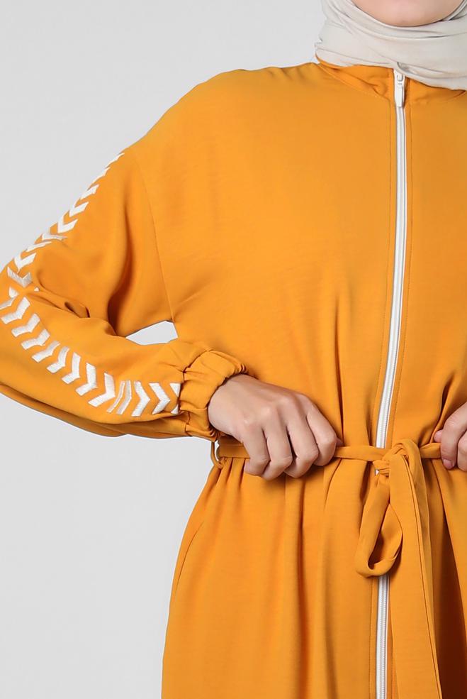 Vêtements hijab JAUNE TUNIQUE AVEC CEINTURE ET MANCHES À MOTIFS 43795 - ALVİNA