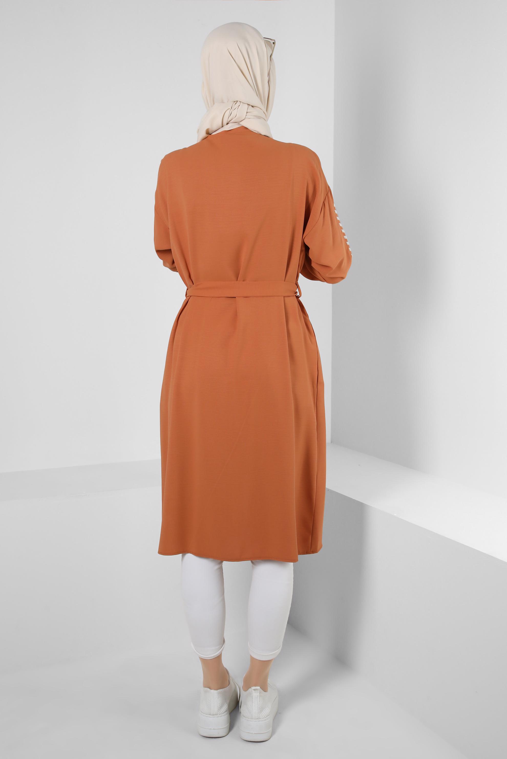 Tesettür giyim KAHVE KOLU DESENLİ FERMUARLI KUŞAKLI TUNİK 43795