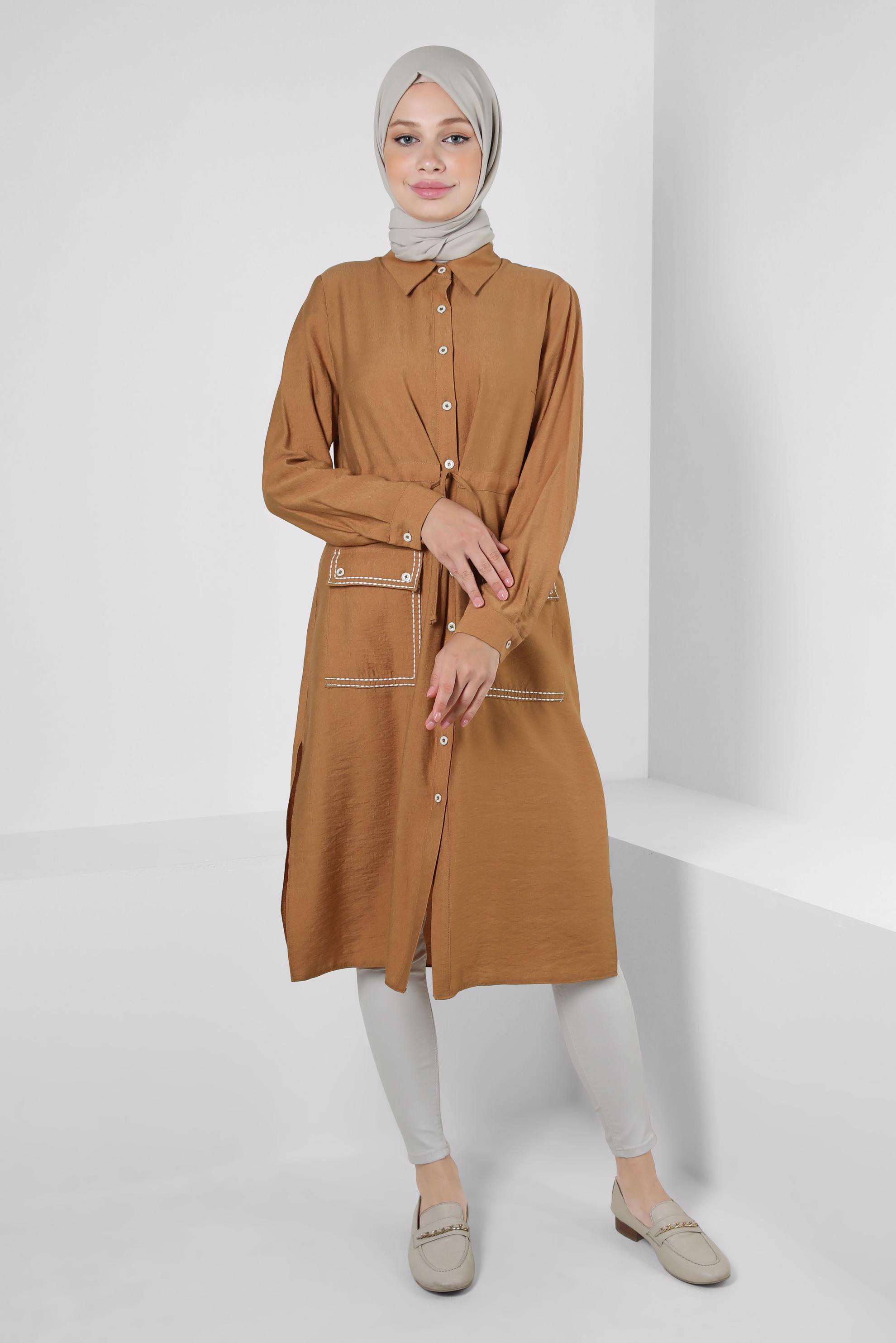 Tesettür giyim SARI DÜĞMELİ BELİ BÜZGÜLÜ CEPLİ TUNİK 43806