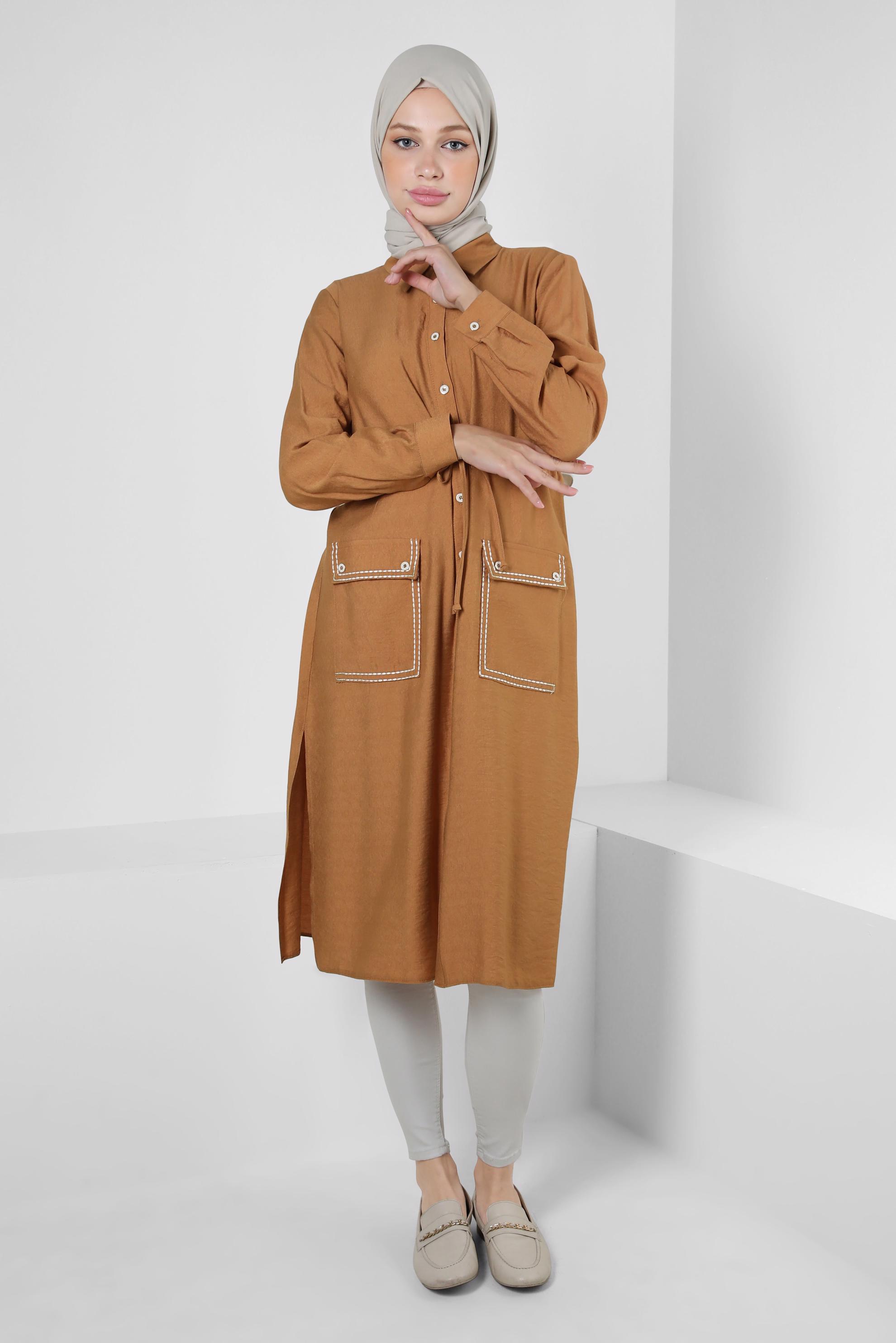 Tesettür giyim SARI DÜĞMELİ BELİ BÜZGÜLÜ CEPLİ TUNİK 43806