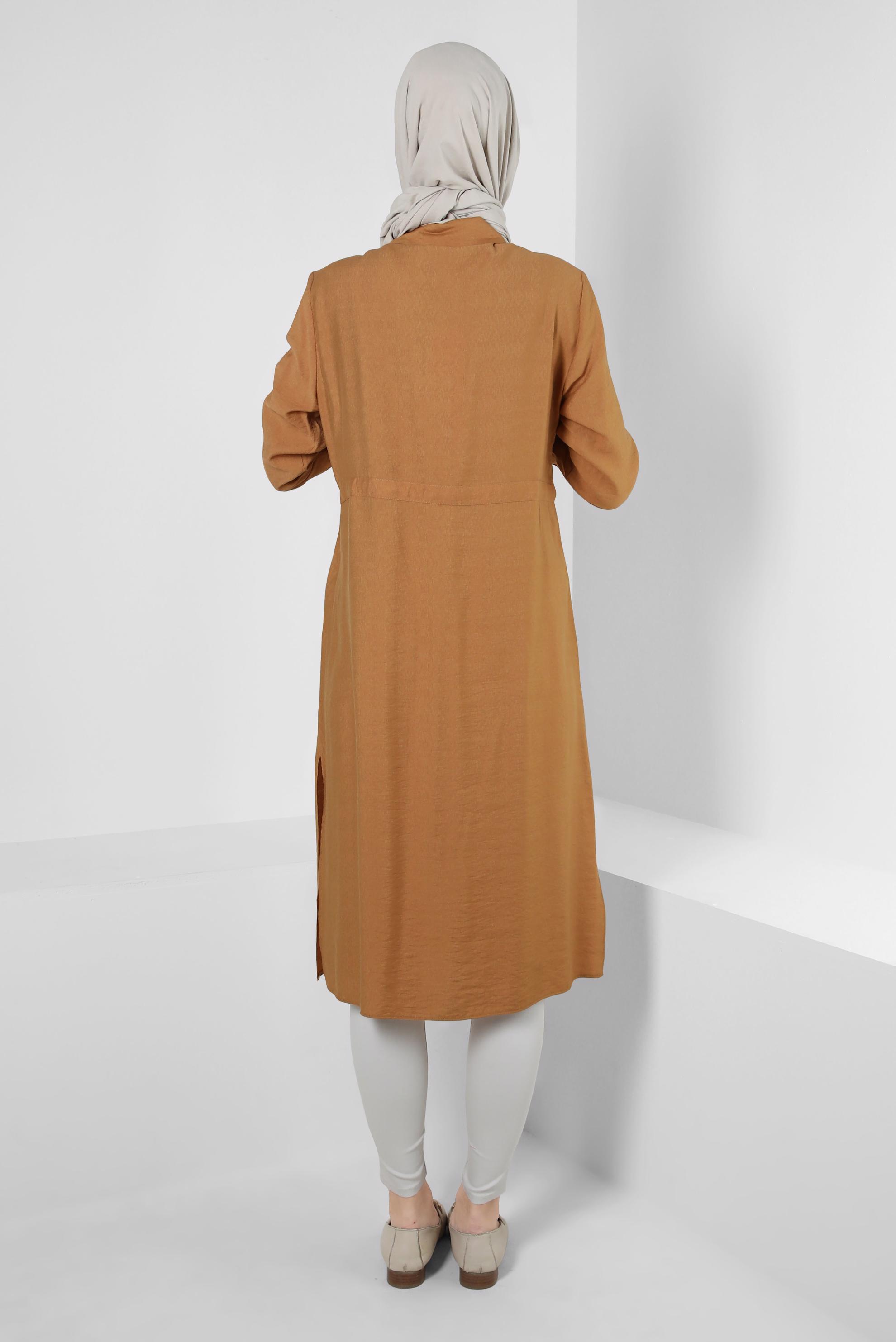 Tesettür giyim SARI DÜĞMELİ BELİ BÜZGÜLÜ CEPLİ TUNİK 43806