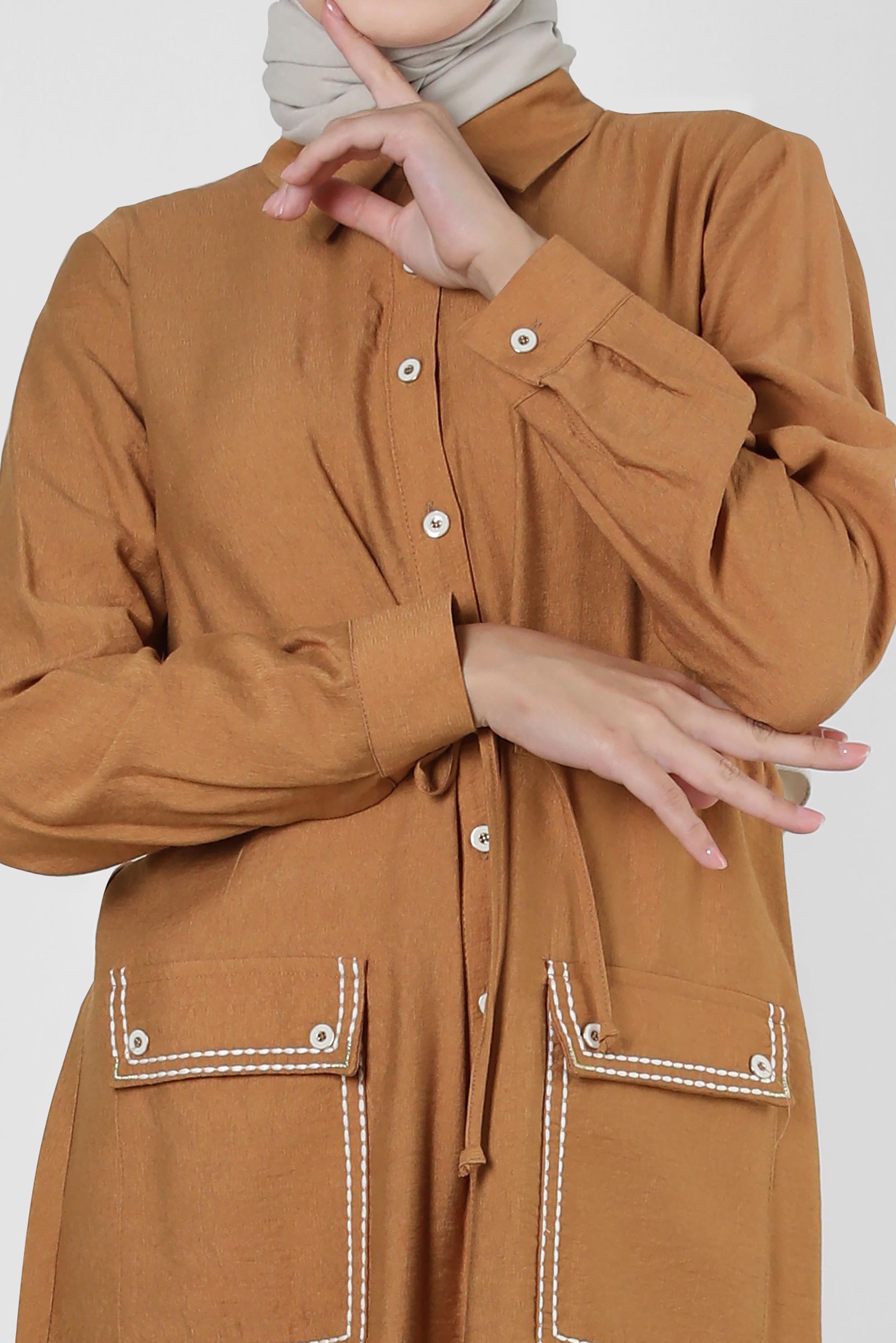 Tesettür giyim SARI DÜĞMELİ BELİ BÜZGÜLÜ CEPLİ TUNİK 43806