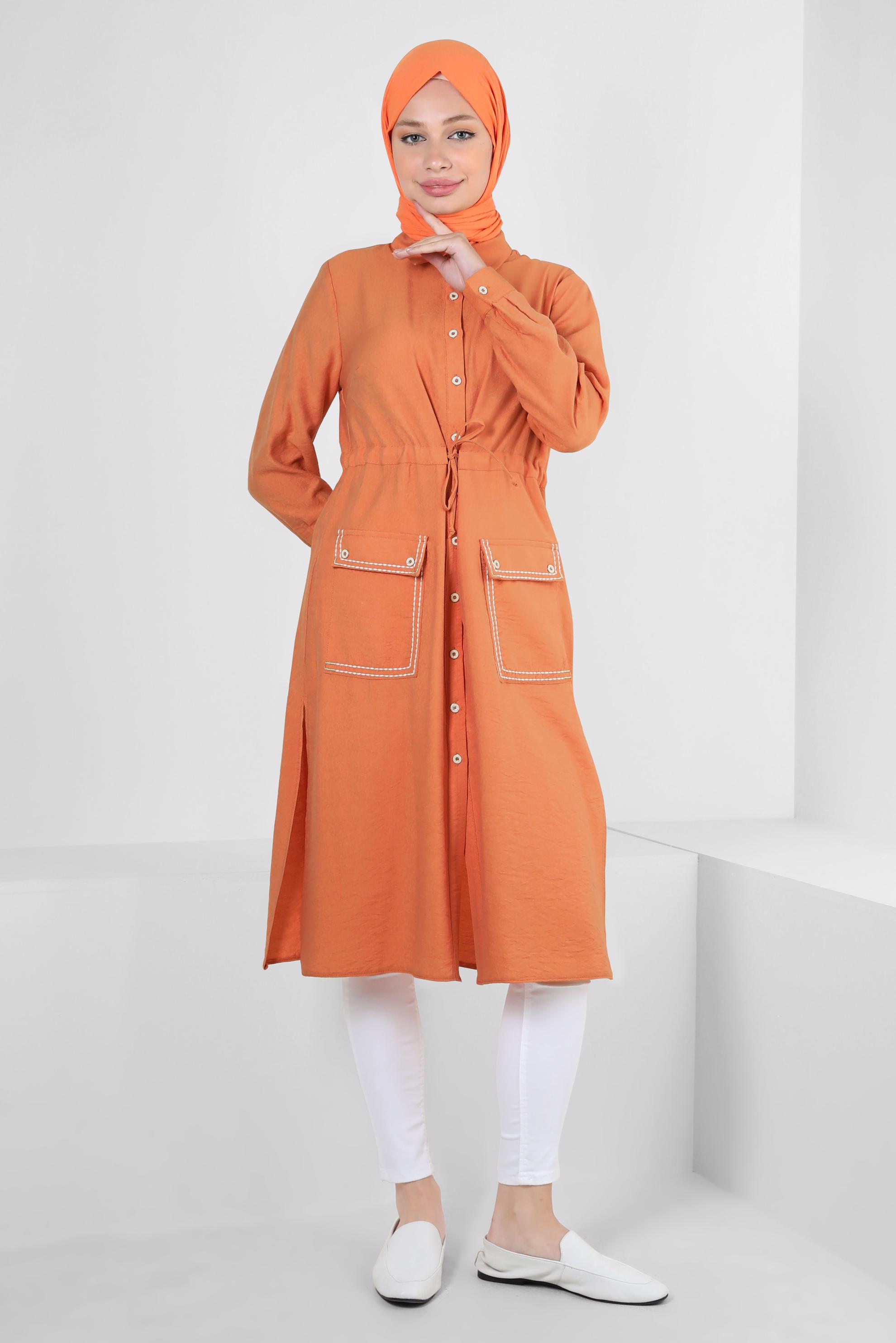 Tesettür giyim TURUNCU DÜĞMELİ BELİ BÜZGÜLÜ CEPLİ TUNİK 43806