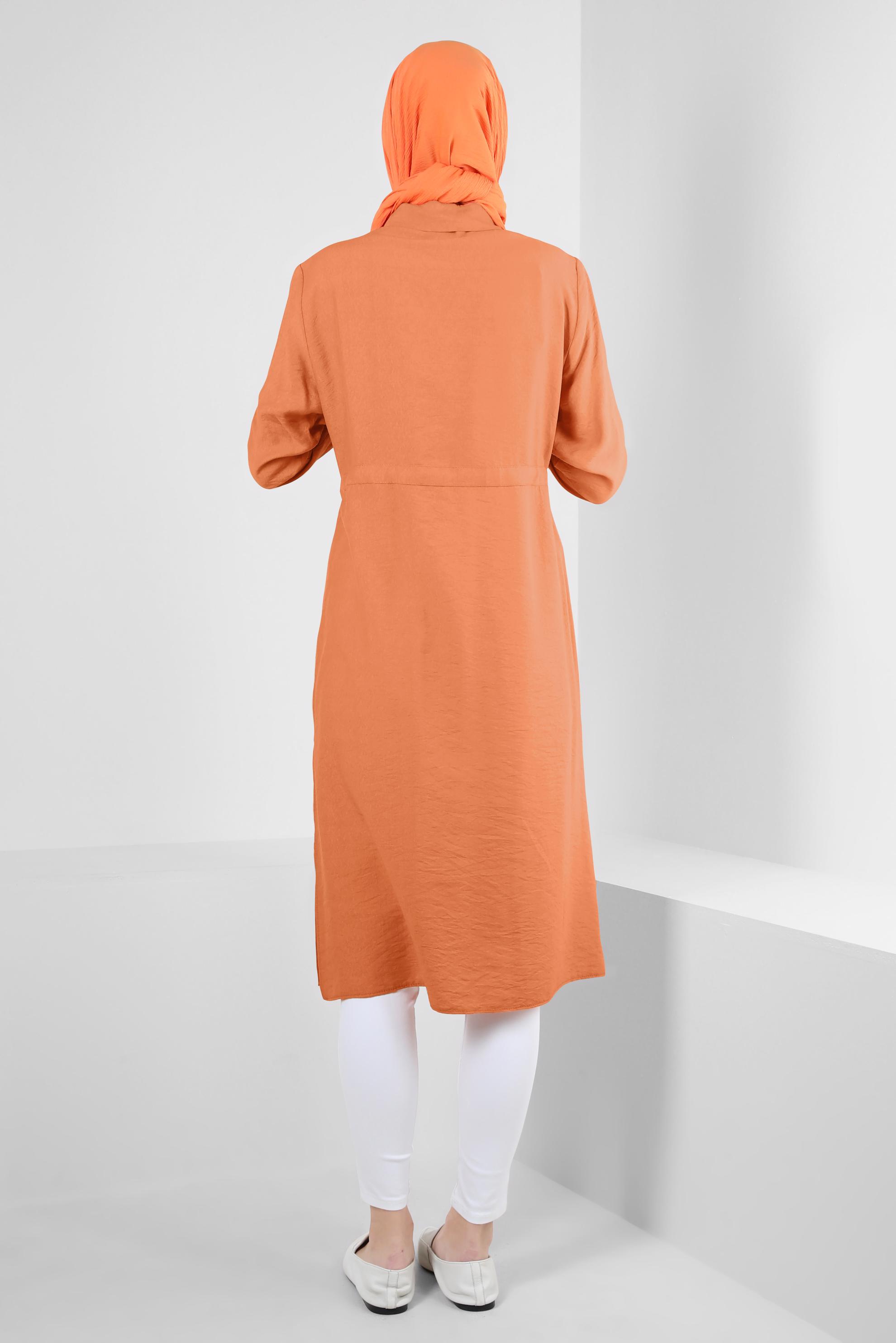 Tesettür giyim TURUNCU DÜĞMELİ BELİ BÜZGÜLÜ CEPLİ TUNİK 43806