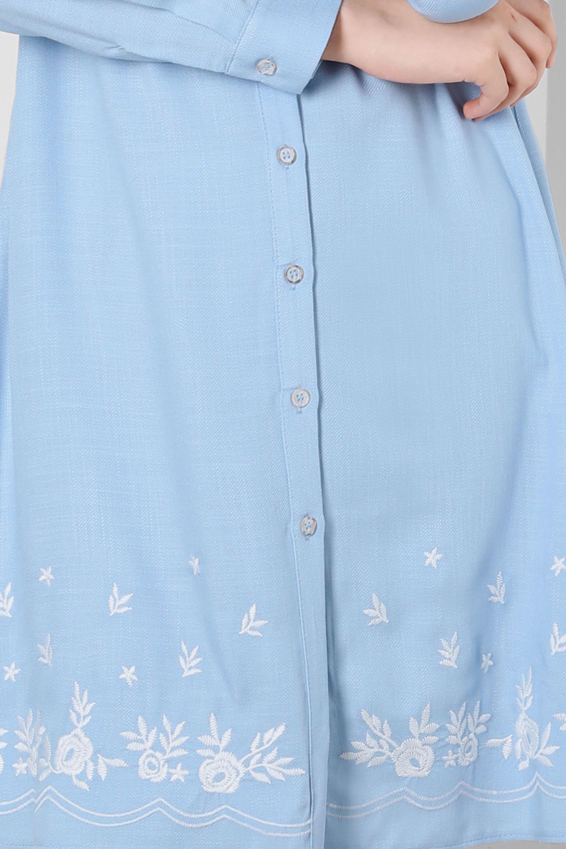 Tesettür giyim MAVİ NAKIŞ DETAYLI DÜĞMELİ TUNİK 43807