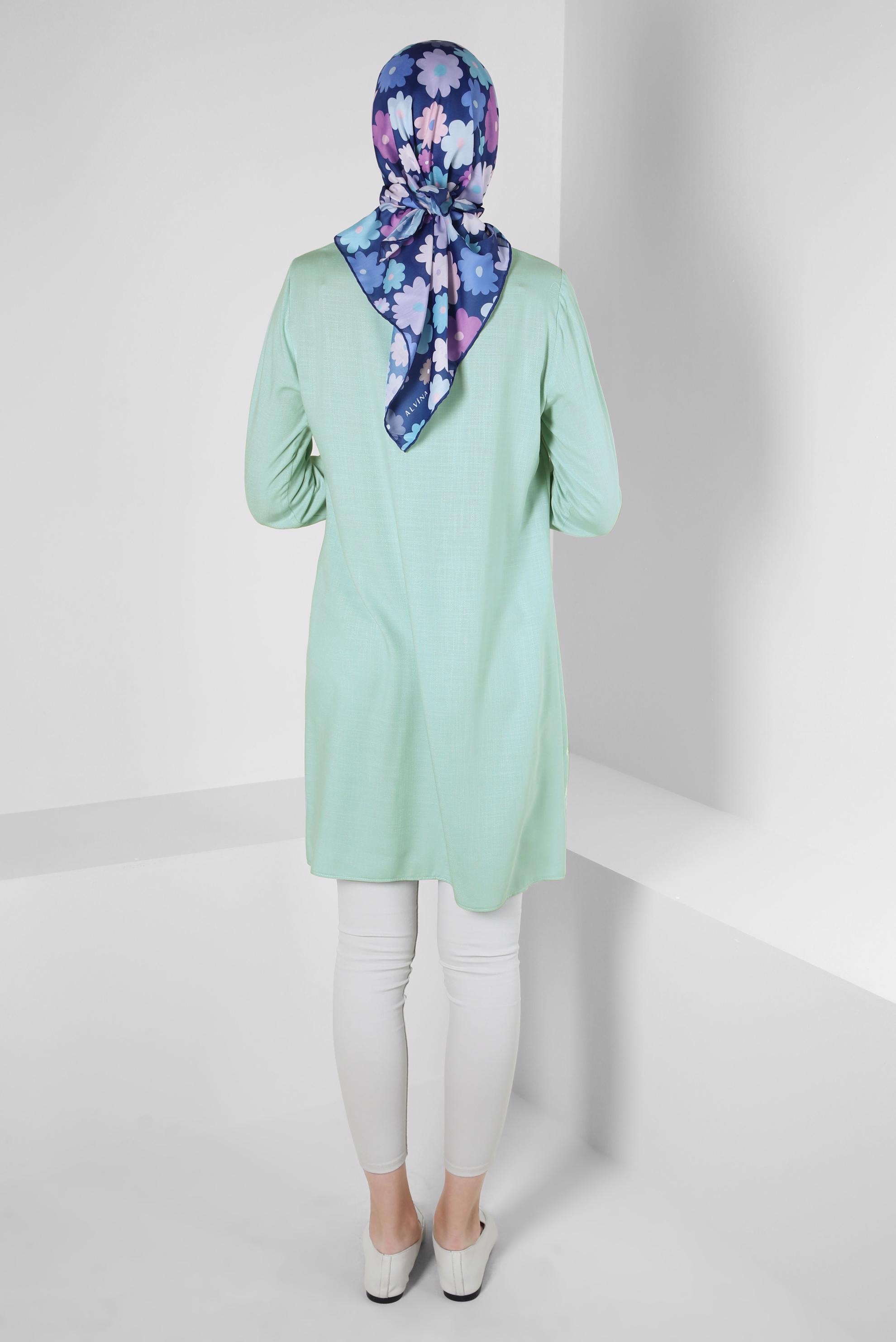 Tesettür giyim YEŞİL NAKIŞ DETAYLI DÜĞMELİ TUNİK 43807