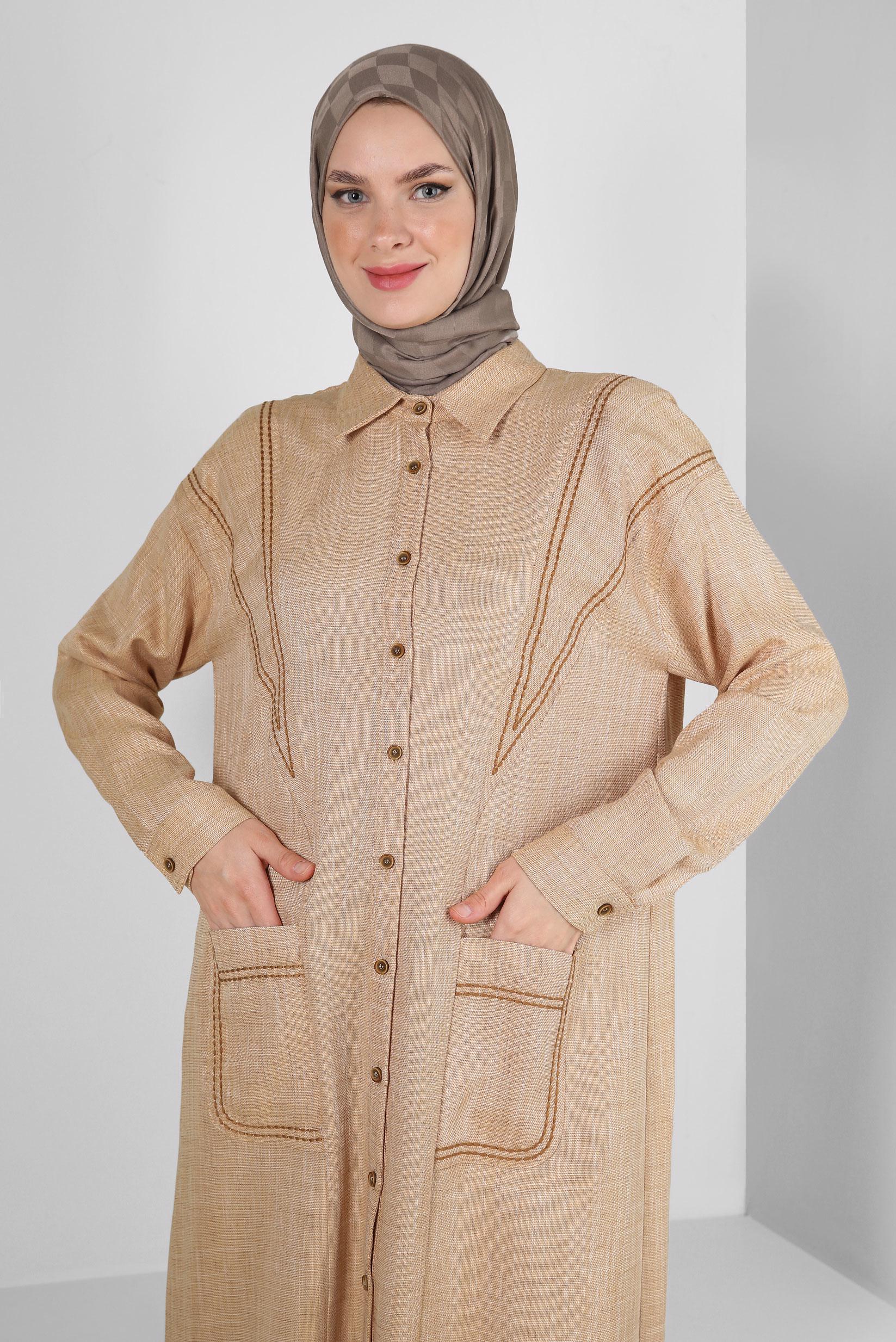 Tesettür giyim SARI DİKİŞ DETAYLI CEPLİ DÜĞMELİ TUNİK 43808 